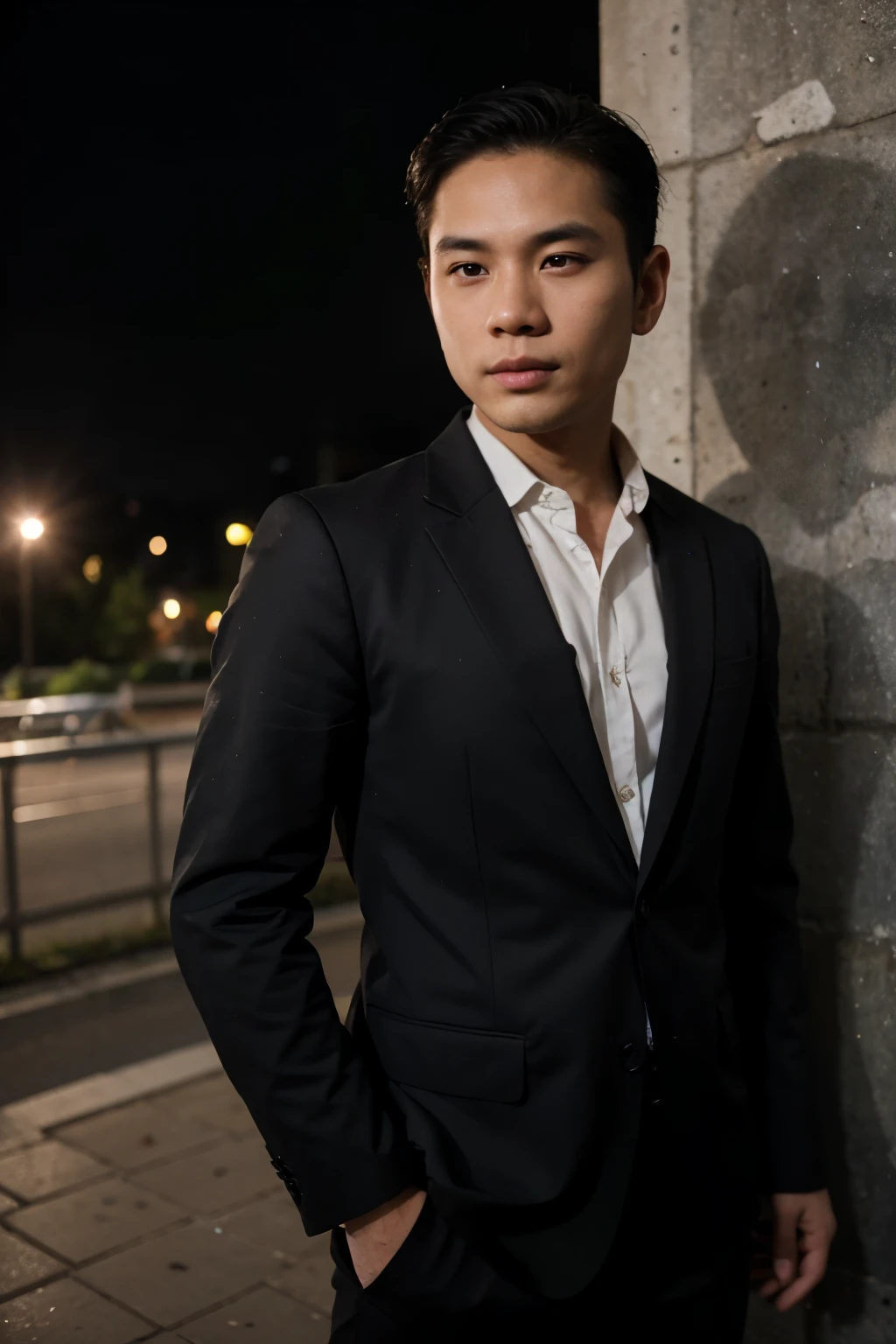a filipino man 35 years old oval clean face, short body, thin body asian style skin, wearing a black suit standing pose like a model on the Great tower Eiffel of paris photo slightly tilted to the side, visible face, atmosphere night, minimal lighting, sunset light, ultra HD, real photo, very detail, very sharp, 30mm lens, realistic, photography, leica camera