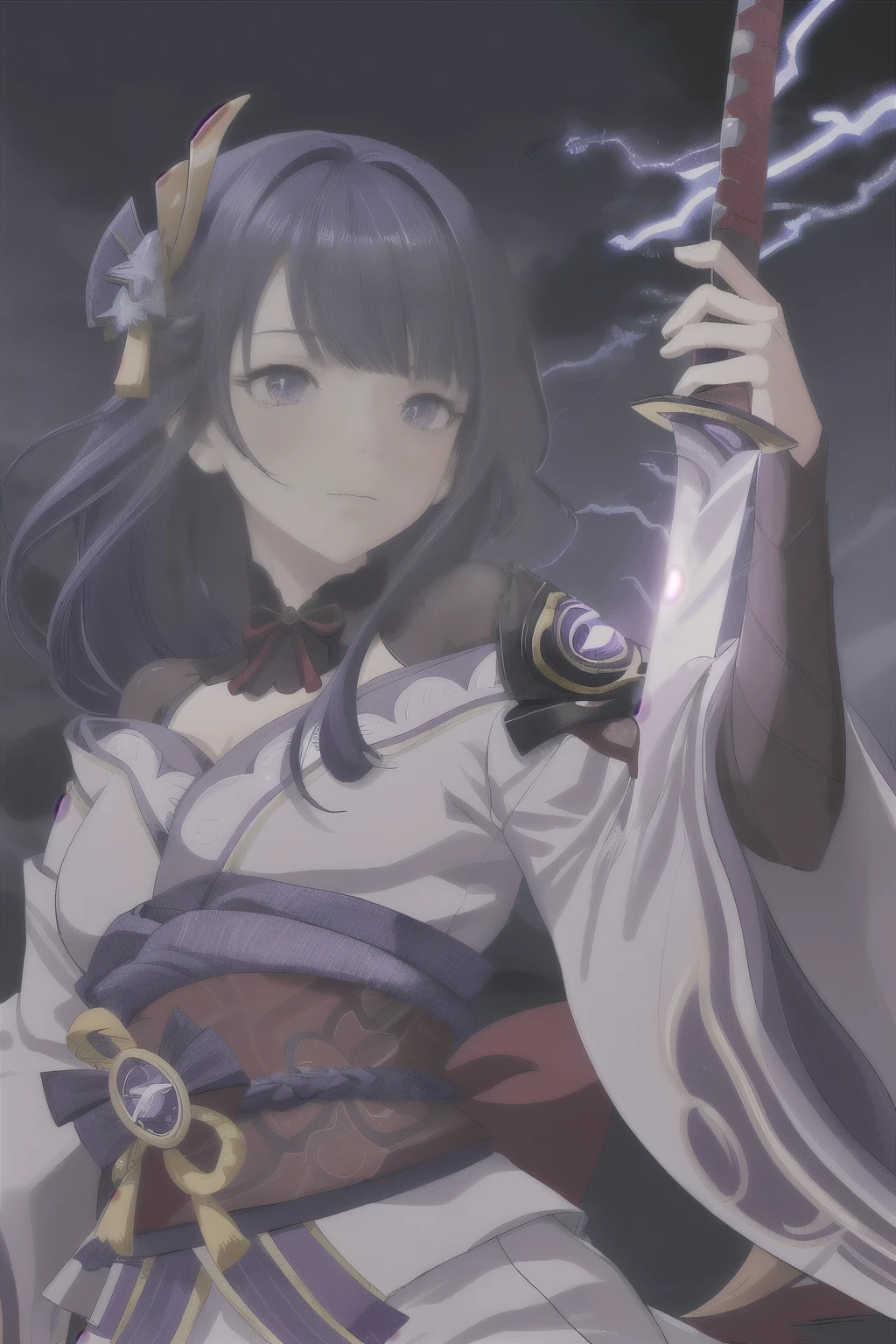 Raiden Shogun from anime genshin , Good quality, detailed , long hair, against the background of lightning, Anime style, Sweet look , katana sword.