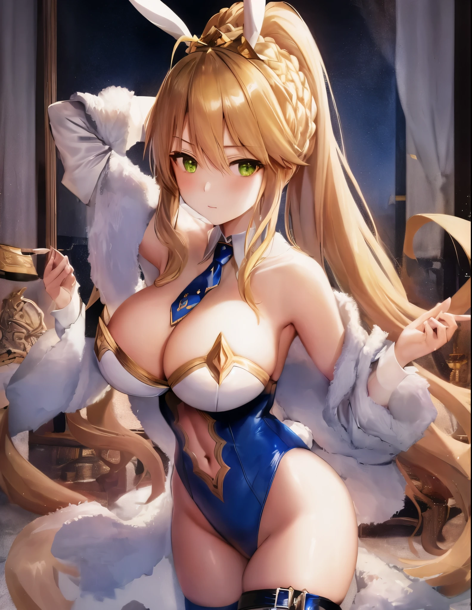 masterpiece, best quality, absurdres, soft lighting, looking at viewer, (light_smile:0.6),
1girl, ahoge, rabbit ears, playboy bunny, artoria pendragon \(swimsuit ruler\) \(fate\), large breasts , blonde hair, green eyes, french braid, pony tail
bare shoulders, large breasts , cleavage,
clothing cut out, wrist cuffs, detached collar, navel cutout, feather boa,
white leotard, blue necktie, blue pantyhose, single thigh strap, hands behind head,
white background,