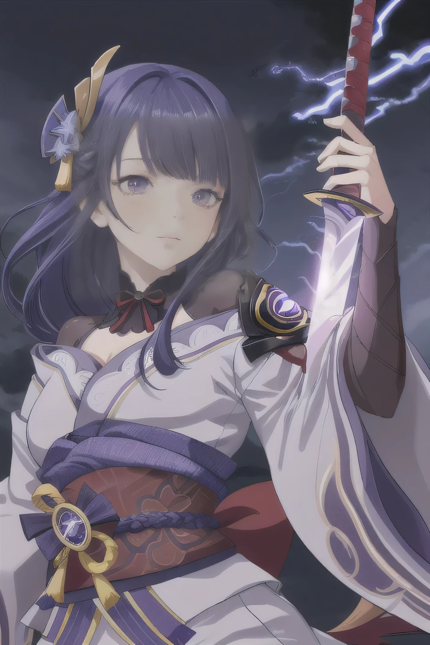 Raiden Shogun from the anime Genshin , Good quality, detailed , long hair, against the backdrop of Lightning, anime style, Sweet look , katana sword.