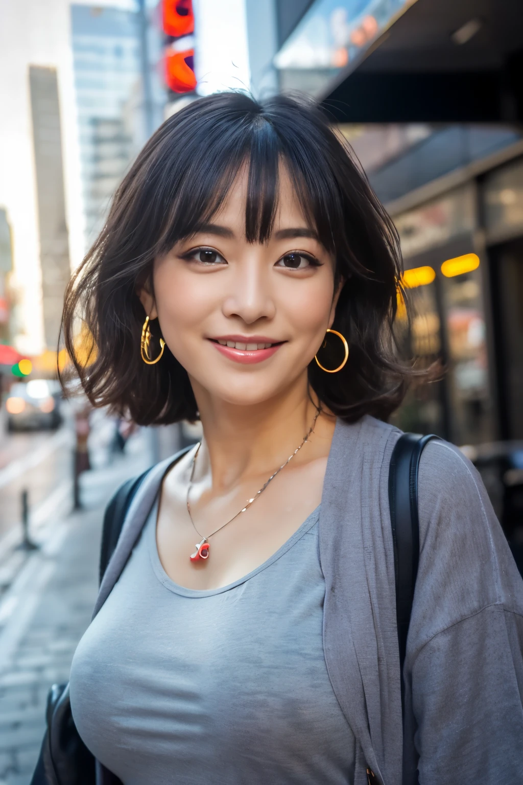 ((Best quality, 8k, Masterpiece :1.3)), (((vulgarity, sexy))), (big tits), Japanese hot milf worker, horny body, Ultra-detailed face, Detailed eyes, Double eyelid, smiling, a coquettish look, bob hairstyle, wearing a wet gray t-shirts and pants, necklace and earrings, in a big city, outdoor, full body