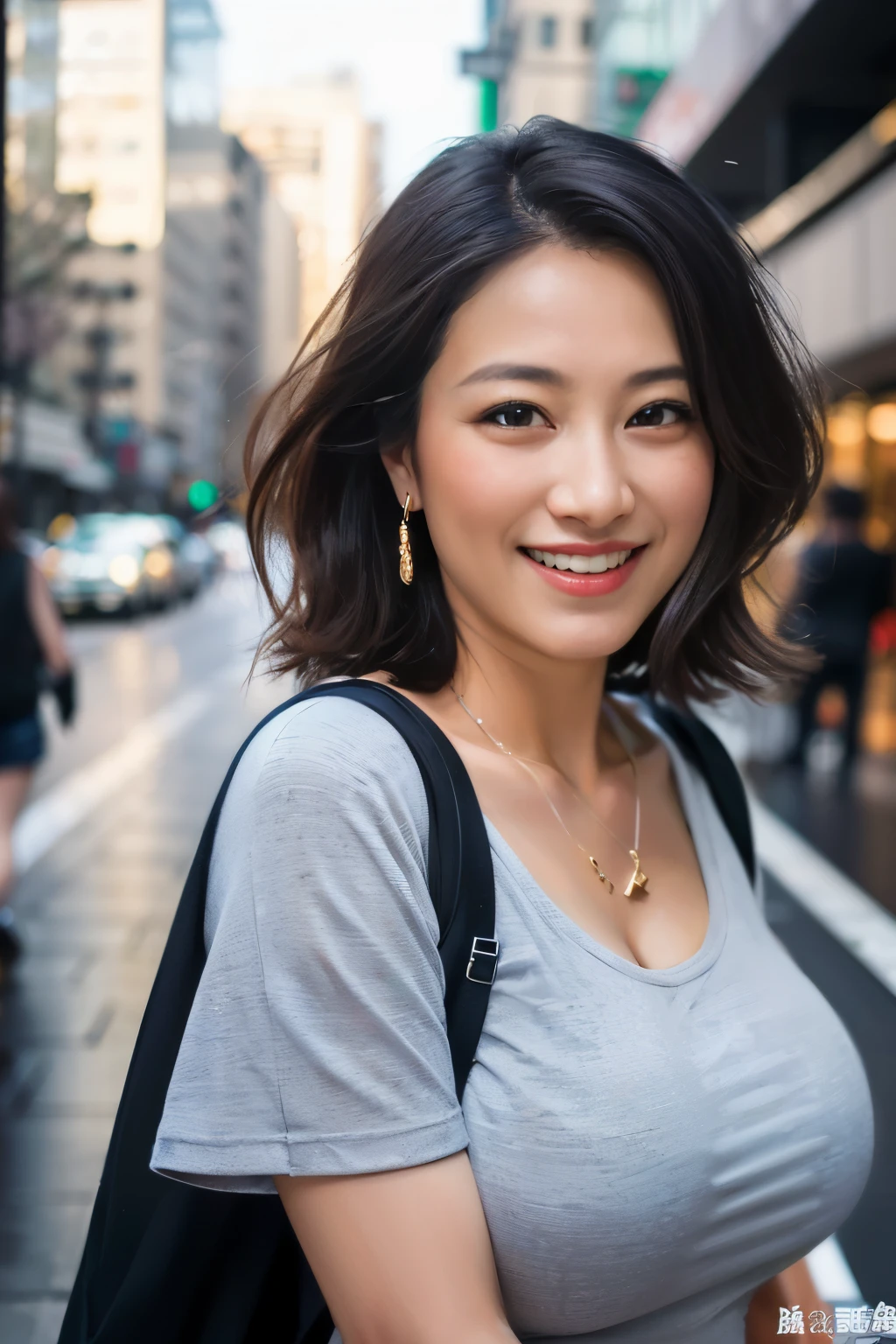 ((Best quality, 8k, Masterpiece :1.3)), (((vulgarity, sexy))), (big tits), Japanese hot milf worker, horny body, Ultra-detailed face, Detailed eyes, Double eyelid, smiling, a coquettish look, bob hairstyle, wearing a wet gray t-shirts and pants, necklace and earrings, in a big city, outdoor, full body