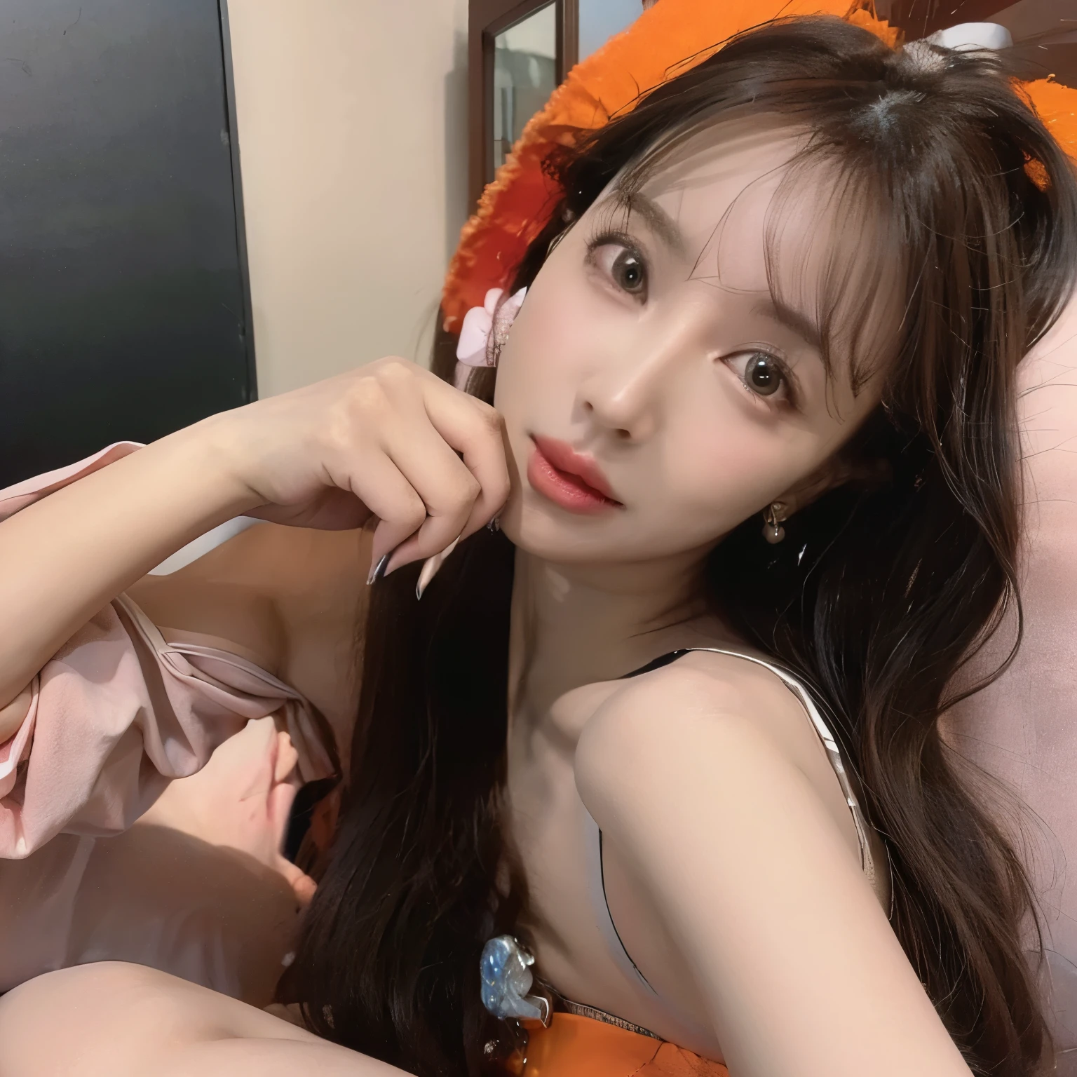 Beautiful women who are neither fat nor thin，long hair，jewelry，Wear minimal clothing，Color orange，Lying on the sofa，Strike a captivating pose