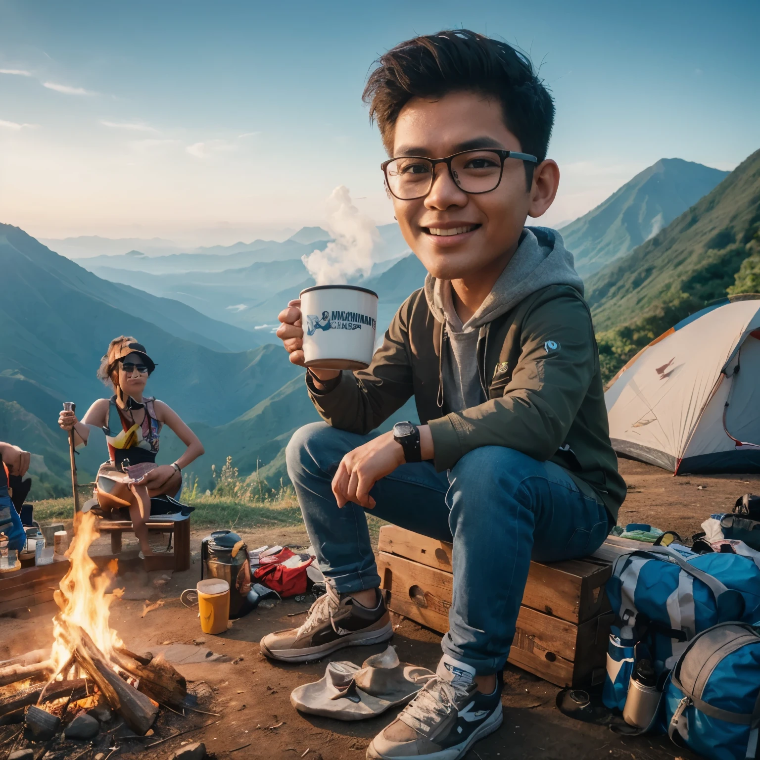 A photorealistic caricature of an Indonesian youth sitting holding a cup of hot coffee, camping at the top of Mount Halau Halau, Hulu Sungai Tengah Regency, with a campfire and other camping equipment, (8K, best quality:1.2), (masterpiece:1.37), (high sharpness) Masterpiece, best quality, (highly detailed photo:1.1)
