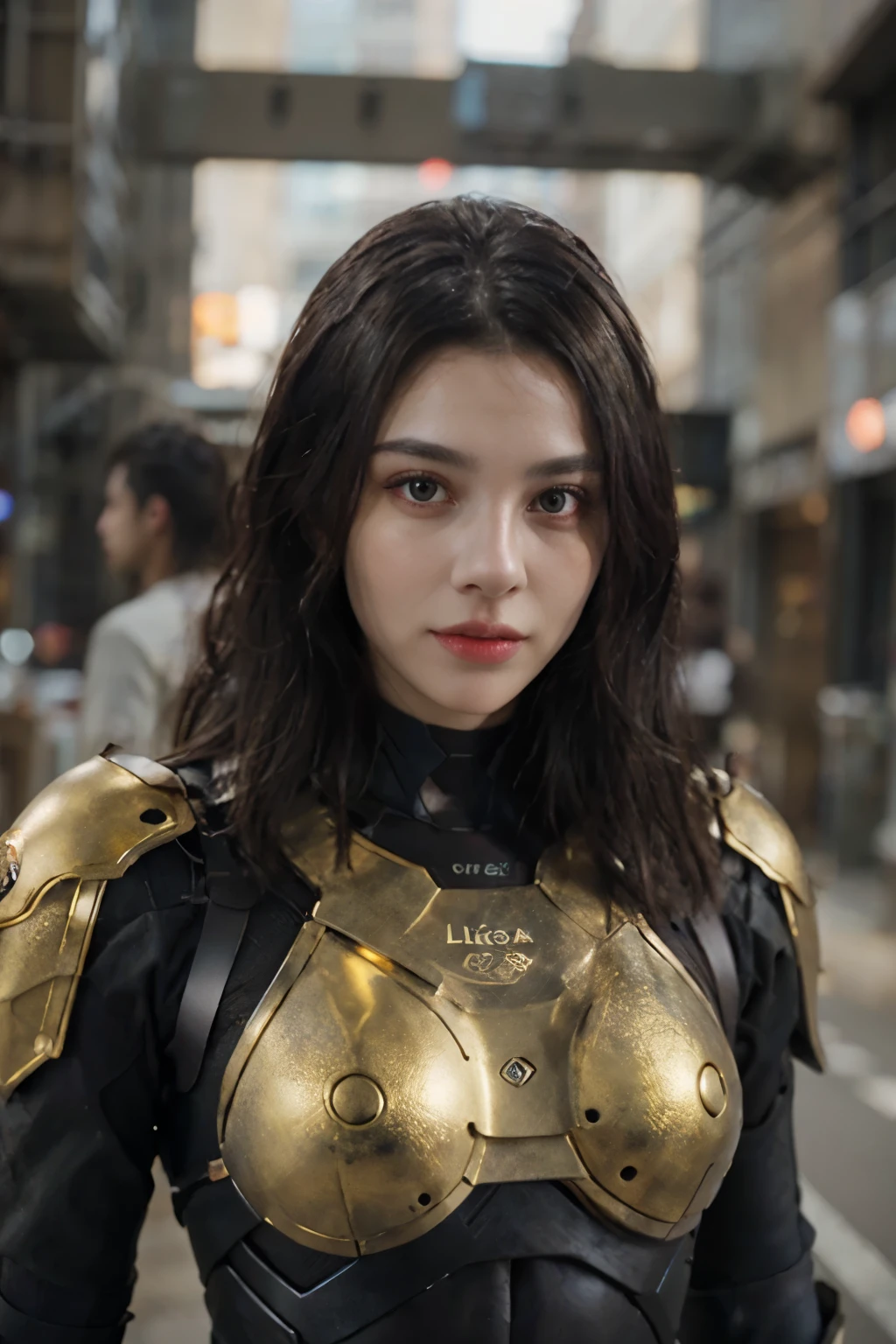Realistic android women with long black hair in futuristic chameleon armor, effect glass glowing white, black and gold, cinematic masterpiece, ultra HD, 16K, detailed, Leica camera, futuristic, glowing armor, realistic, detailed, cinematic, professional look.
