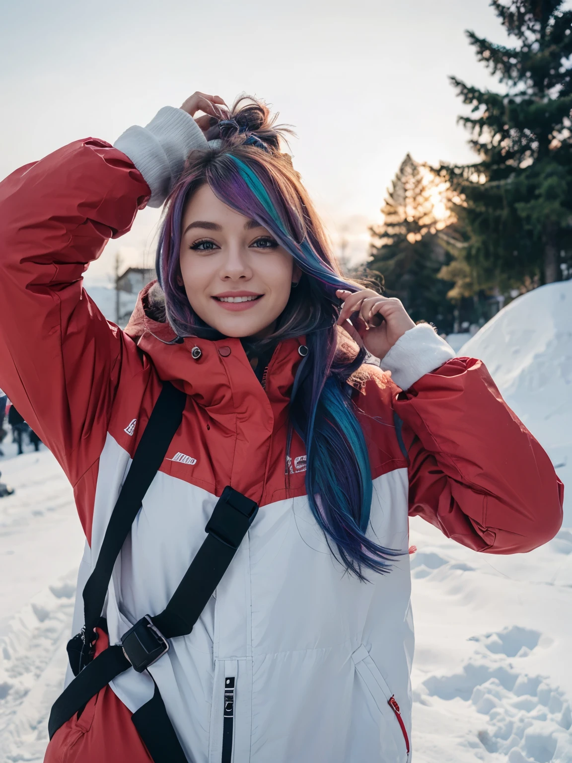 Mädchen, 20 Jahre alt, lange rote Haare, Sommersprossen, hair bobbles, wince, longeyelashes,  light smile, fang, rainbow hair, Partygirl, Surrealism, drop shadow, anaglyph, stereogram, tachi-e, pov, atmospheric perspective, high detail, 8k, super detail, ccurate, best quality, Winter Holiday, Snow, (Winter clothes), Snowboard, skiing