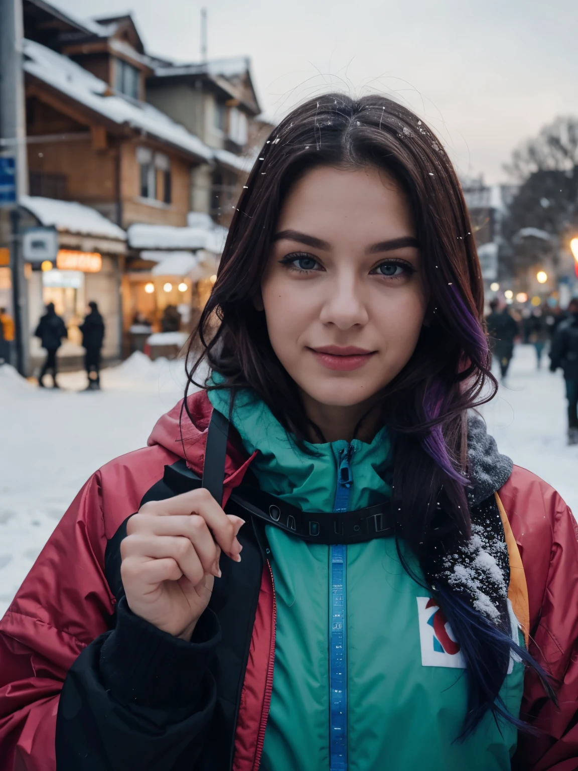 Mädchen, 20 Jahre alt, lange rote Haare, Sommersprossen, hair bobbles, wince, longeyelashes,  light smile, fang, rainbow hair, Partygirl, Surrealism, drop shadow, anaglyph, stereogram, tachi-e, pov, atmospheric perspective, high detail, 8k, super detail, ccurate, best quality, Winter Holiday, Snow, (Winter clothes), Snowboard, skiing