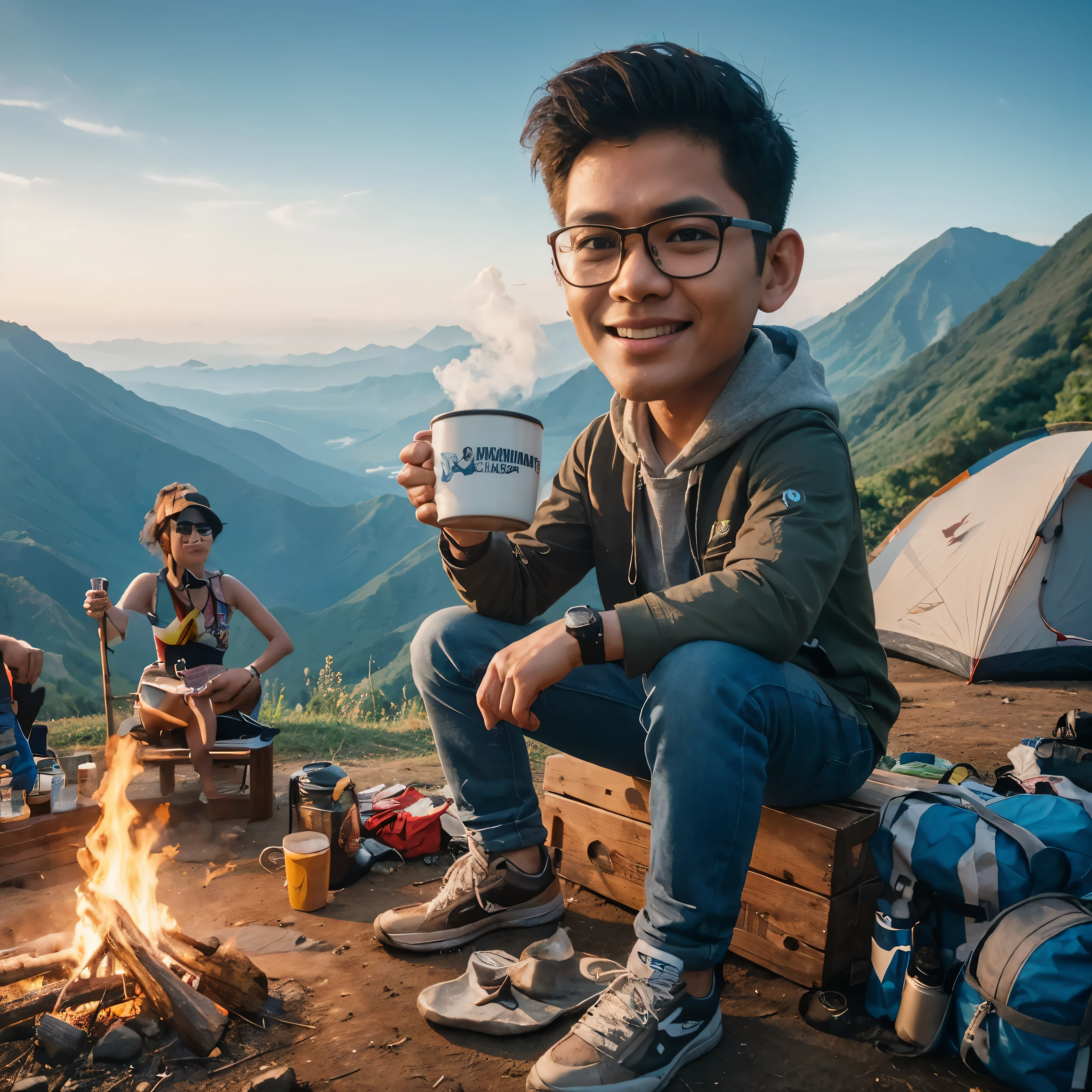 A photorealistic caricature of an Indonesian youth sitting holding a cup of hot coffee, camping at the top of Mount Halau Halau, Hulu Sungai Tengah Regency, with a campfire and other camping equipment, (8K, best quality:1.2), (masterpiece:1.37), (high sharpness) Masterpiece, best quality, (highly detailed photo:1.1)