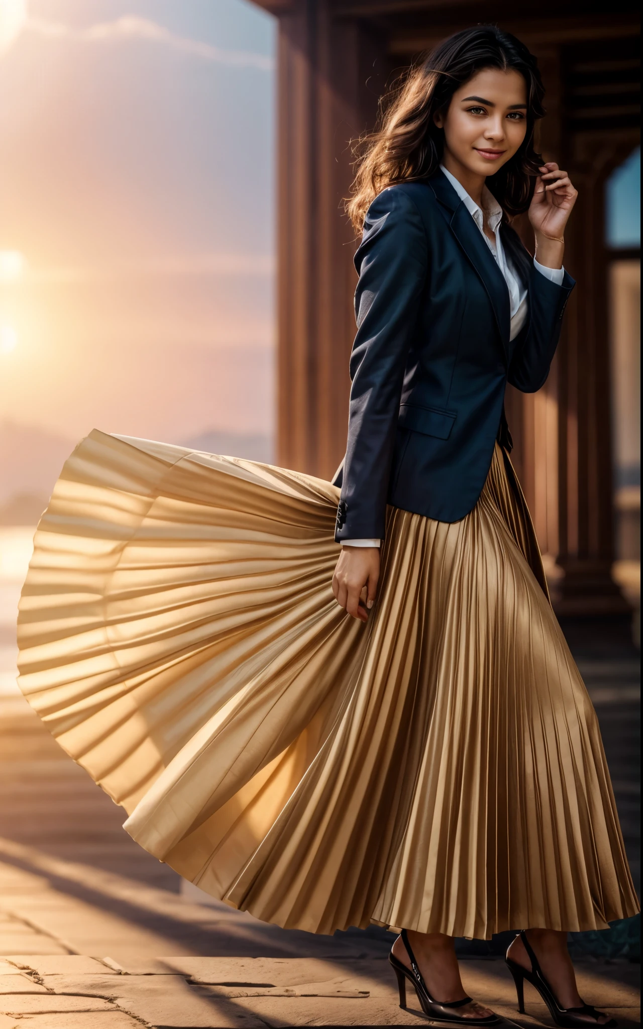 A smiling, authentic, (shy:1,3), kind, beautiful woman, in love with her skirt, while wind lifts her skirt, wearing short blazer and very very detailed (long (fully pleated) full circle skirt) and (simple) low heeled office shoes, very very intricate hyper-detailed symmetric (attractive graceful young feminine face) with (sad, tired eyes and a shy smile), large breasts, full of empathy and compassion and love, (pronounced (feminine) features), (highly detailed ultra accurate realistic) hands and fingers, (windy), epic composition, highly detailed attributes, (35mm f1.4 Kodak portra 400 photograph), extremely high quality RAW photograph, highly detailed atmosphere, sci-fi, cinematic shot, dynamic lighting, 75mm, Technicolor, Panavision, cinemascope, sharp focus, fine details, 8k, HDR, realism, realistic, key visual, film still, superb cinematic color grading, depth of field