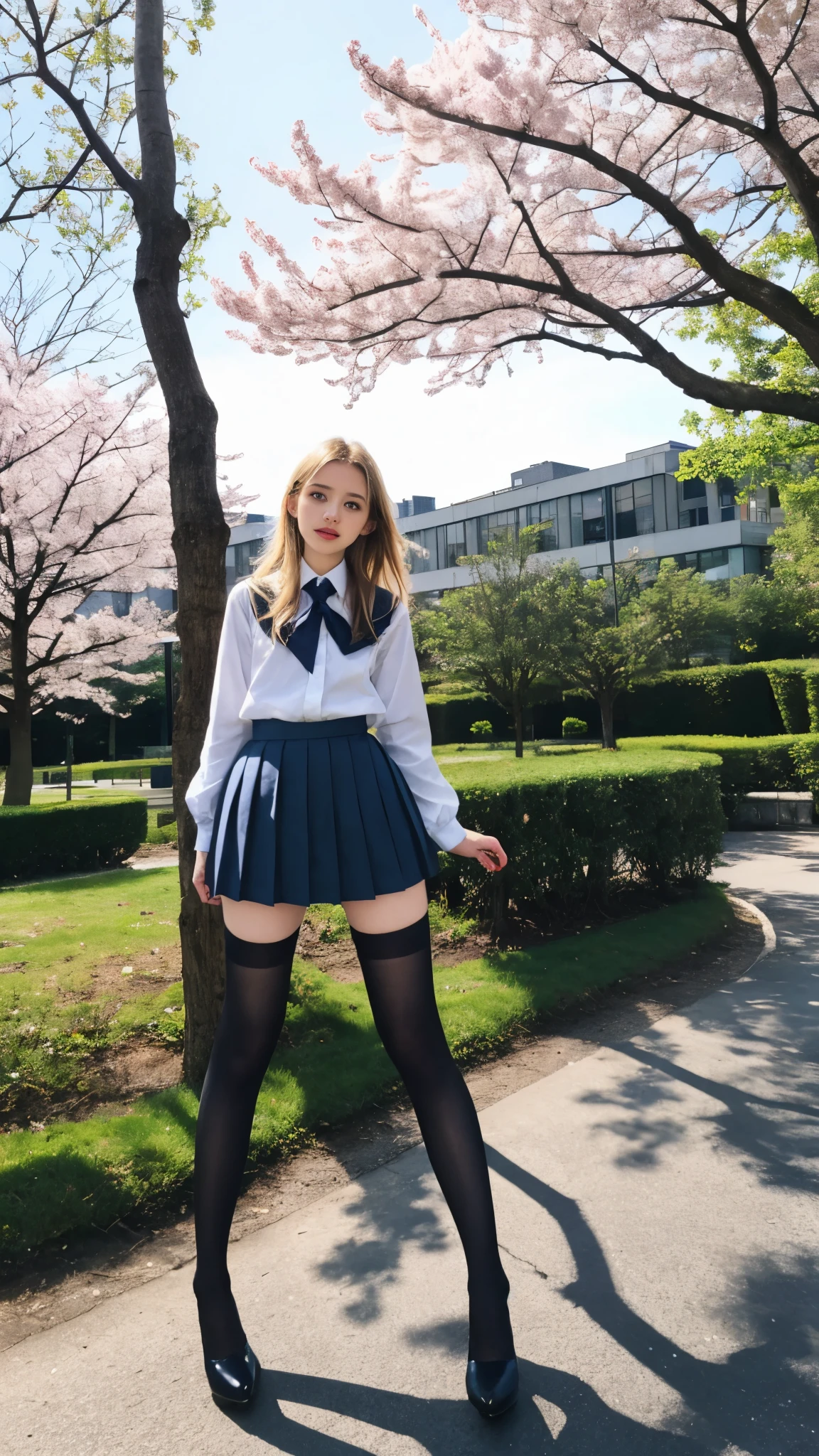 16 years old, European, blonde, small breasts, big eyes, long legs, close-up on thighs, School uniform, small pleated skirt, Black stockings, high heel shoes, Extreme low angle shot, from below the girl, (Reelmech : 1.5), vagina showing, park background, trees, Cherry blossom, mirrored floor with reflections, ray tracings, HDR