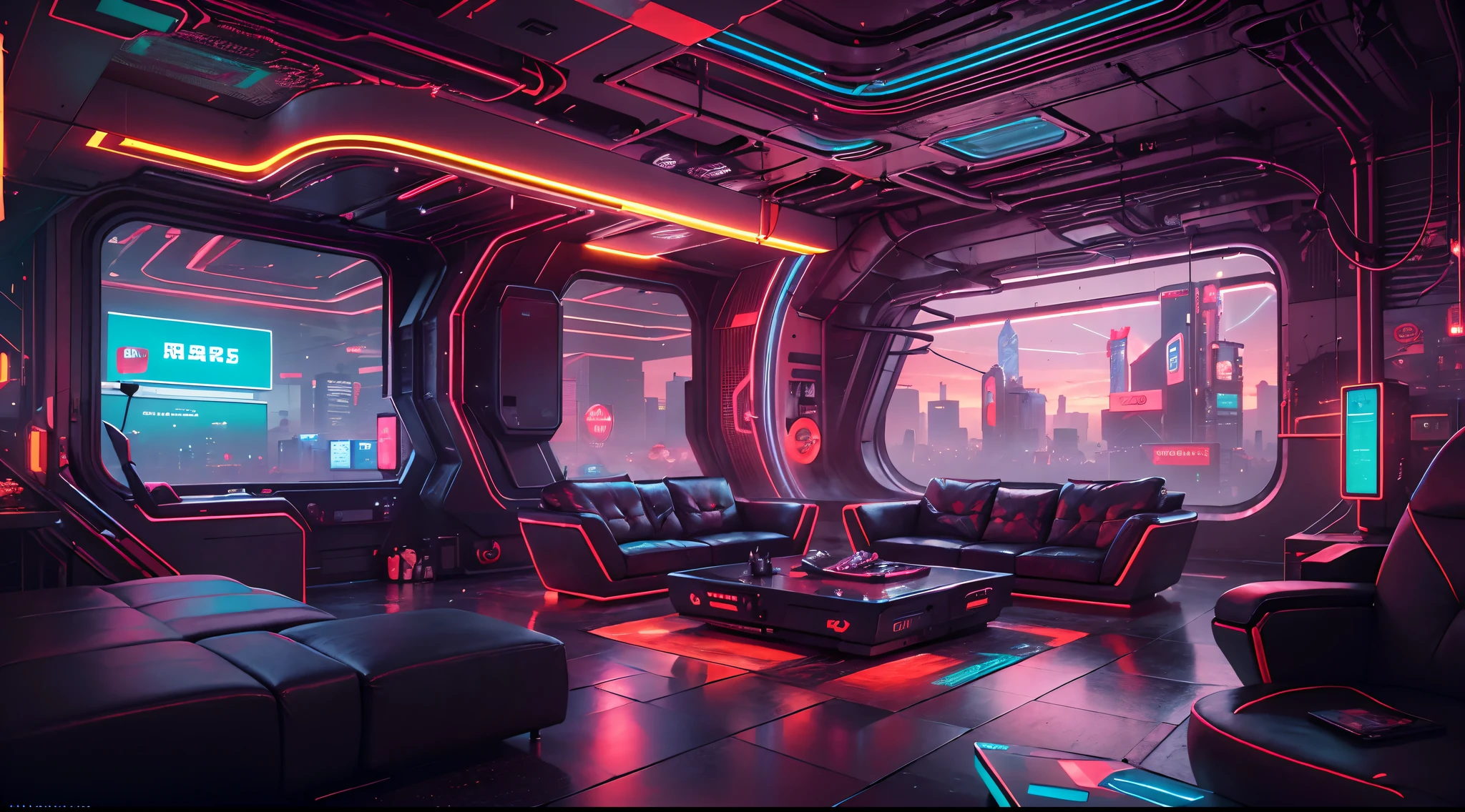 Best image quality, Masterpiece, Ultra-high resolution, (Fidelity:1.4), Photo, Dim, Darkness, Movie, ((Cyberpunk)), cyber outfit, Futuristic, ((Award-winning ultra-realistic photos)),((tmasterpiece)),(Hyper-detailing),(Complicated details),(High resolution CGI artwork 8k),Futuristic cyberpunk living room,Bedrooms,kitchens。terrazzo,big window,Busy and colorful、Detailed cyberpunk cityscape。Futuristic style,There are many colors and LED lights。The cityscape should be very detailed,depth of fields。Create depth with atmospheric lighting,Evoke the feeling of a busy futuristic city outside the window。cameras:Wide-angle lens showing rooms and windows。Use atmospheric and volumetric lighting to enhance cityscape detail。The room should be illuminated by the neon lights of the cityscape, Pastel textured colored background, Colourful, vibrant,