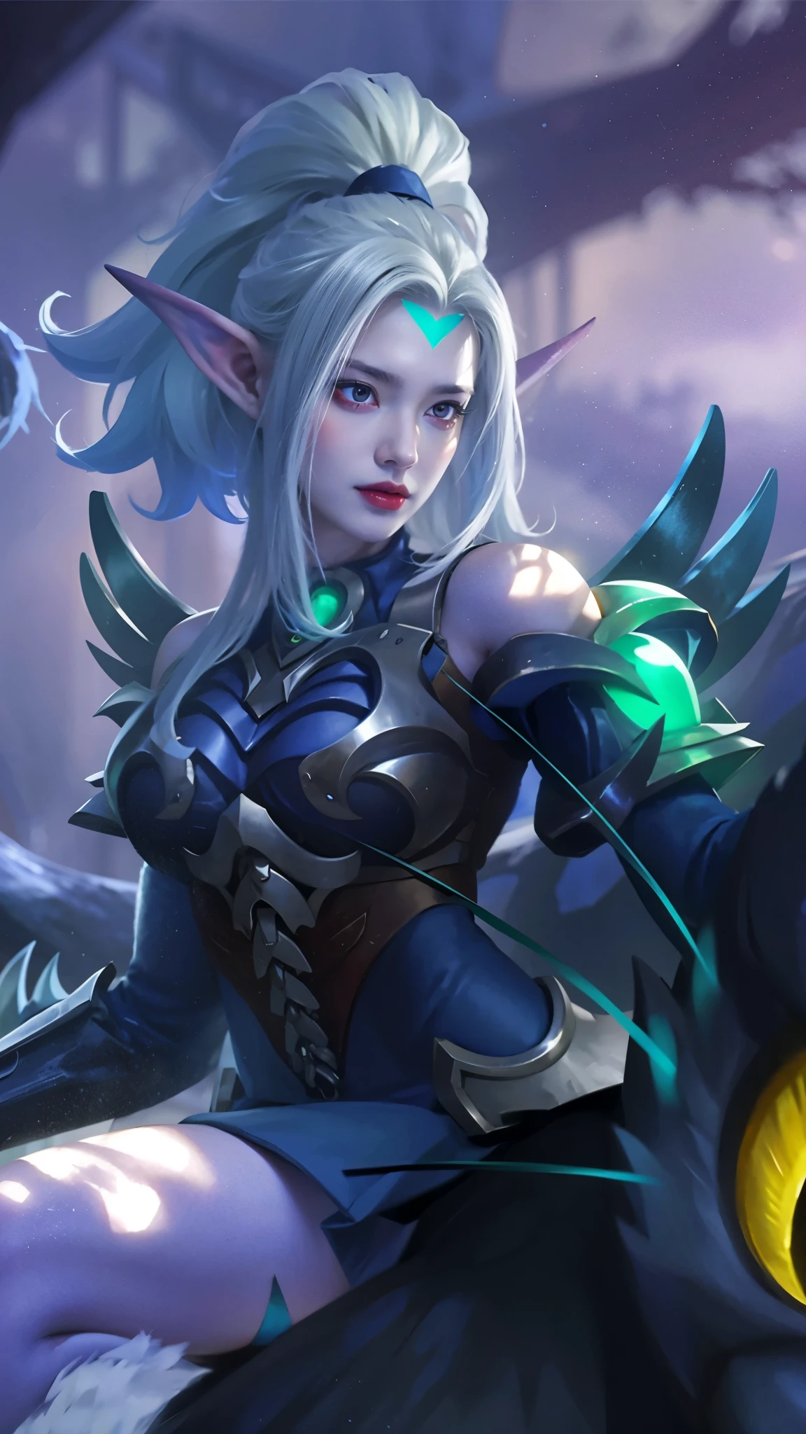 (female:1.2), 8k, ultra hd, ultra detailed texture, hyper realistic, masterpiece, detailed texture, detailed face, detailed skin, detailed lighting, (photorealistic:1.5), best quality, beautiful lighting, cinematic lighting, professional lighting, ultra highres, realistic, detailed hair, real hair, high quality, (realskin:1.5), extremely detailed, finely detail, ultra-detailed, 1girl, solo, elf, pointy ears, standing, demon horns, forehead protector, (red eyes:1.5), v-shapped eyebrow, lips, red lips, evil smile, nose, make up, pretty, beautiful, cute face, long hair, blue hair, high ponytail, large breasts, cleavage, armpit, navel, stomach, black armor, pauldrons, bare shoulders, shoulder armor, thigh high, sleevless, detached sleeves, breastplate, gauntlets, karina \(mobile legends\), depth of field, looking aways, white skin, skin tight, amazing pose, outdoors, glowing, dark view, blurry background