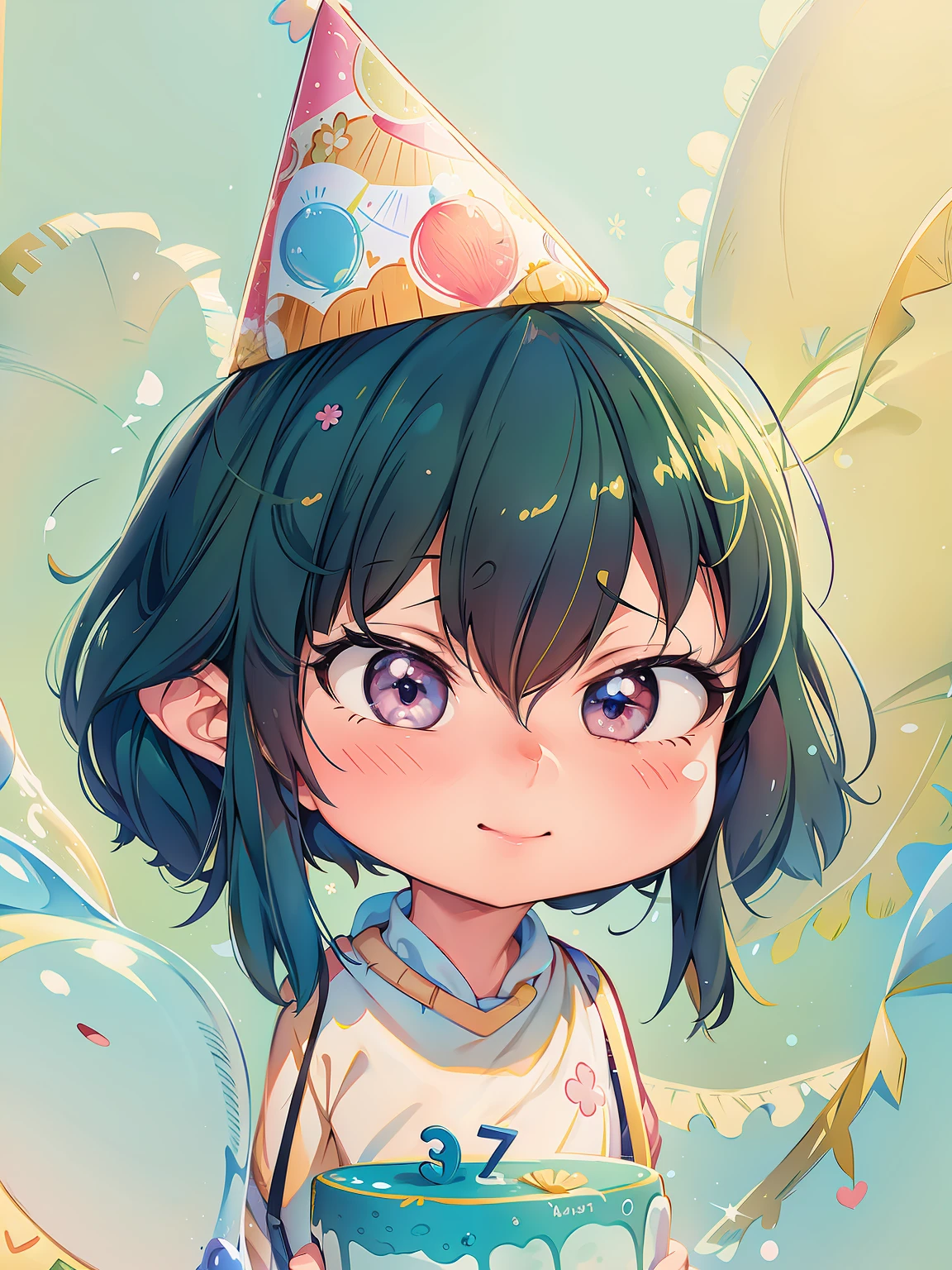 anime girl with a birthday hat and a cake, protagonista feminina 👀 :8, estilo de arte anime moe, sombreamento estilo anime plano, made with anime painter studio, em estilo anime, anime estilizado, sem linha, por Puru, retrato estilo anime, por Kamagurka, anime estilizado, por Ai-Mitsu, Retrato realista kawaii, best quality 4k