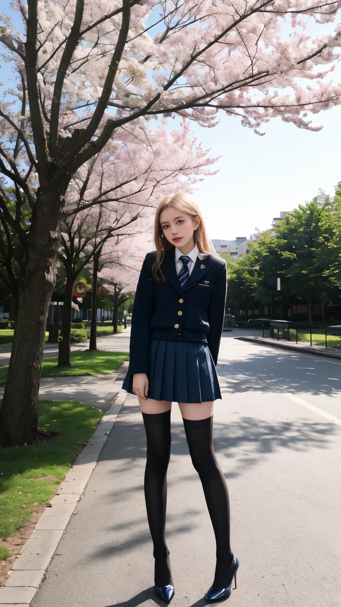 16 years old, European, blonde, small breasts, big eyes, long legs, close-up on thighs, School uniform, small pleated skirt, Black stockings, high heel shoes, Extreme low angle shot, from below the girl, (Reelmech : 1.5), vagina showing, park background, trees, Cherry blossom, mirrored floor with reflections, ray tracings, HDR