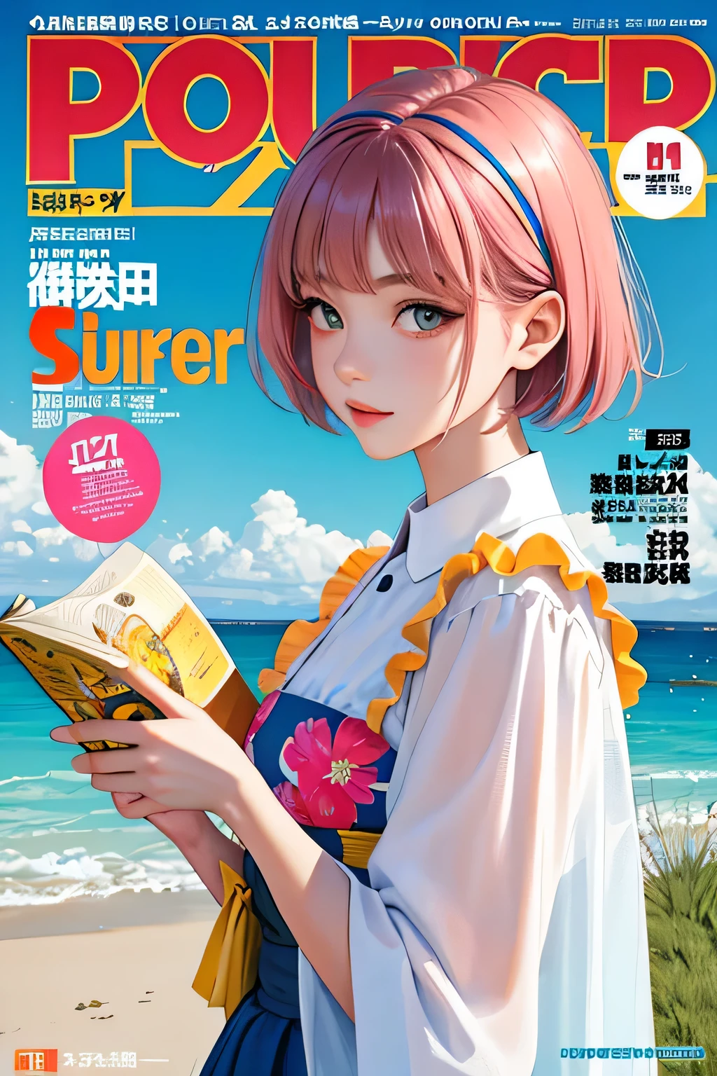 masterpiece, highest quality, Summer costumes, colorful hair, outdoor, magazine cover ,Upper body,Shorthair girl