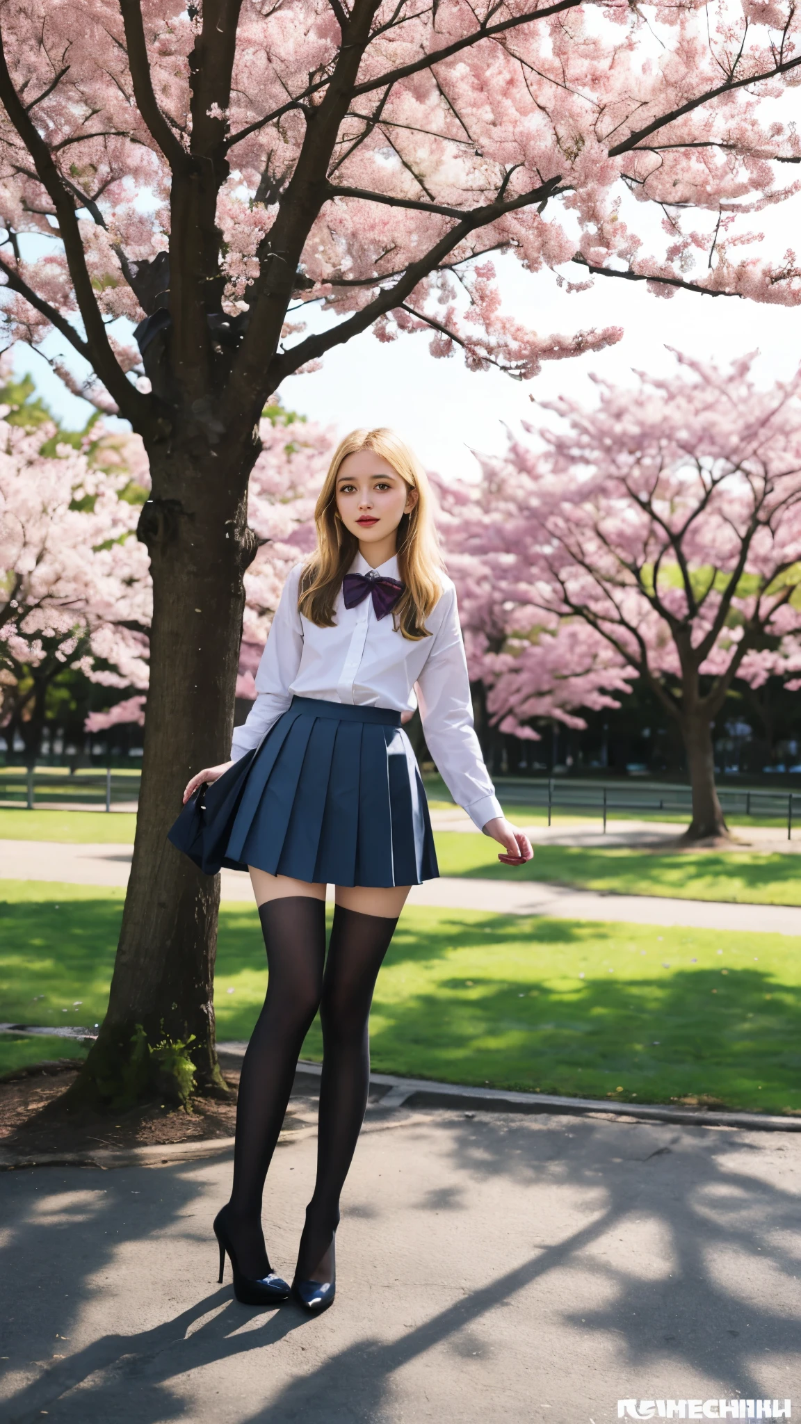 , European, blonde, small breasts, big eyes, long legs, close-up on thighs, School uniform, small pleated skirt, Black stockings, high heel shoes, Extreme low angle shot, from below the girl, (Reelmech : 1.5), vagina showing, park background, trees, Cherry blossom, mirrored floor with reflections, ray tracings, HDR