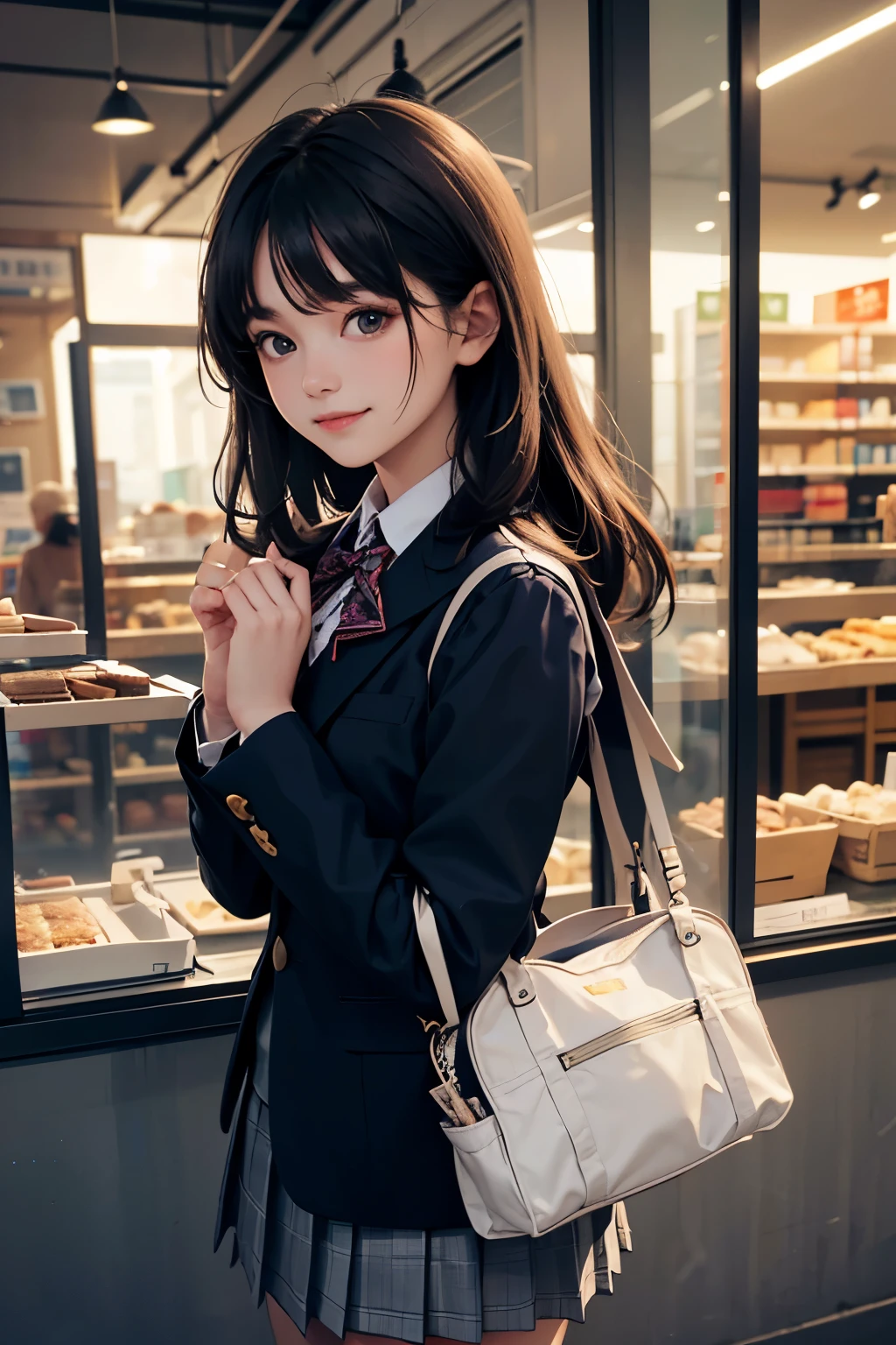 very cute and beautiful girl,(highly detailed beautiful face),
(blue blazer school uniform, pleated tanding in front of cake shop show window,
(smile:1.2),happy,cowboy shot,holding school bag,hair pin,black hair,downtown street,
(best quality,masterpiece:1.2),absurdres,highres,ultra-detailed,extremely detailed,32k,8k resolution,
intricate details,cinematic scene,detailed background,solo,dynamic angle,hair fluttering in the wind,perfect hands,