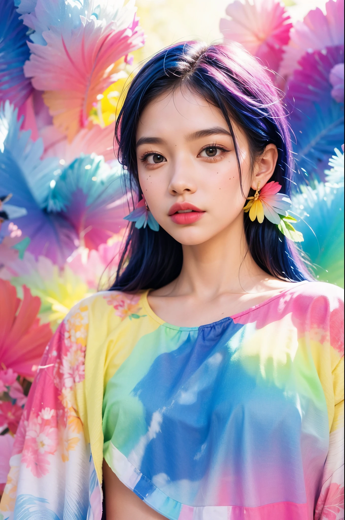 Beautiful girl with a rainbow shirt, colorful photo, colorful]”, colorful aesthetic, bright pastel colors, colorful digital painting, colorful, colorful illustration, colorful fashion, colorful dream, colorful mood, colorful picture, colorful acrylic, watercolour, Portrait of a beautiful girl, (Realistic face details), complicated details, very high details, Realistic photos, 8k, UHD, Hyperspacing,