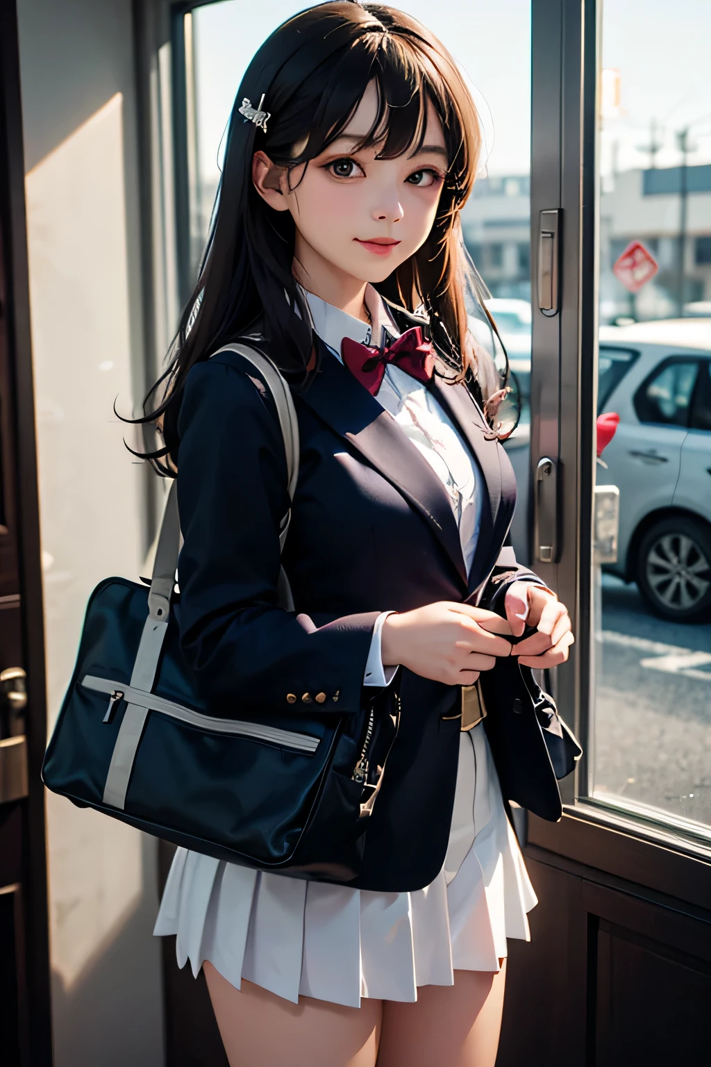 very cute and beautiful girl,(very detailed美しい顔),
(blue blazer school uniform, Pleated standing in front of a cake shop window,
(smile:1.2),Happy,cowboy shot,have a school bag,hairpin,black hair,downtown street,
(highest quality,masterpiece:1.2),disorganized,High resolution,super detailed,very detailed,32K,8K resolution,
intricate details,movie-like scene,detailed background,alone,dynamic angle,hair blowing in the wind,perfect hands,