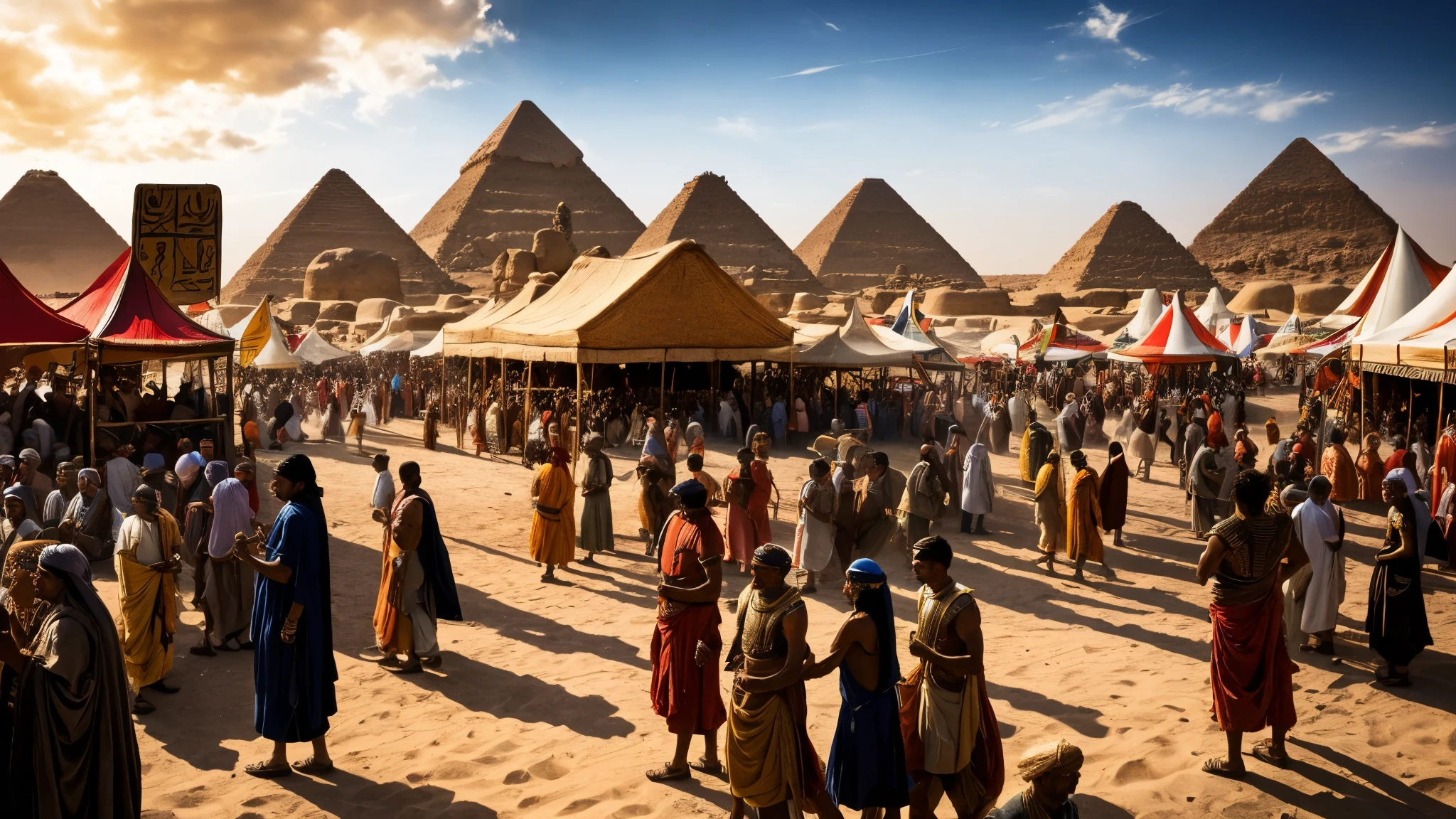 crowd at a fair in ancient Egypt, dramatic, cinematic, 4k resolution, hyperdetailed, dramatic scene,
