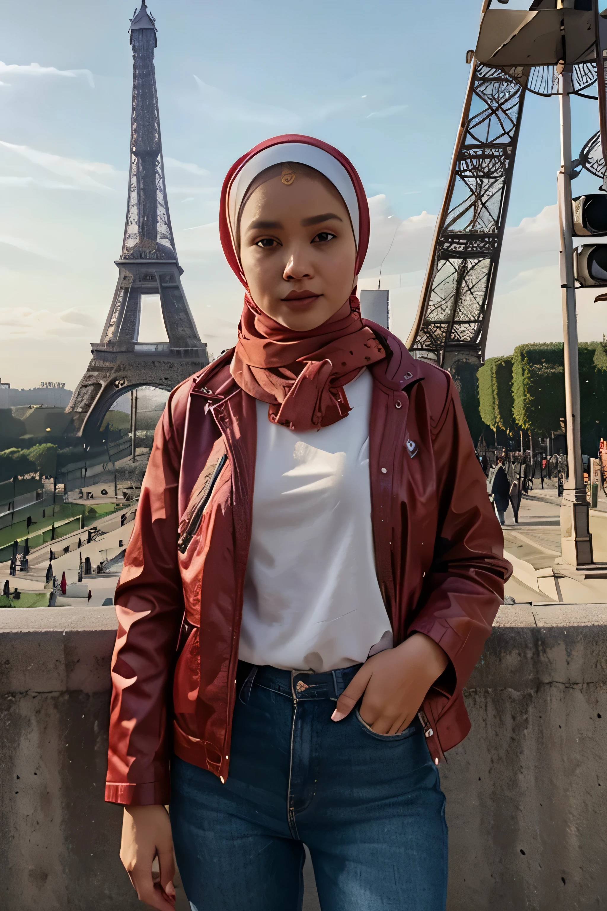 an indonesian white girl wearing hijab and red jacket standing in front of eiffel tower in the background, daylight, super realistic, 8k, HD,