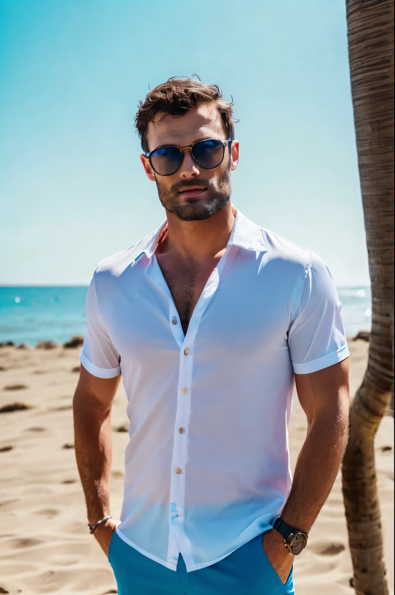 (Man in beach outfit),(blue eyes) (Portrait) attractive and Relaxed appearance, dark brown hair, Stylish and elegant, sunlight, colorful party shirt,wearing glasses, A man similar to actor Jamie Dornan, (High-quality, realistic images), , ((Best Quality, 8K, ​masterpiece). (very real)