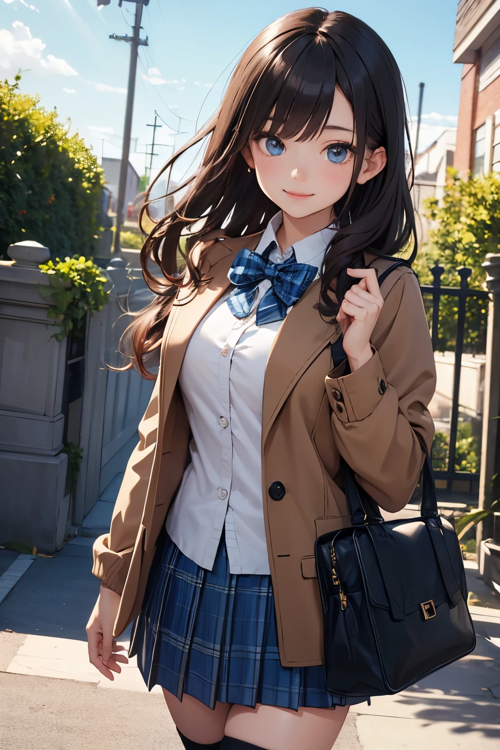 very cute and beautiful girl,(highly detailed beautiful face),(smile:1.2),happy,cowboy shot,
(brown jacket:1.2),collared shirt,plaid bowtie BREAK detailed legs,zettai ryouiki,brown shoulder bag,
stylish pose,hair pin,black hair,(blue plaid mini skirt:1.2),stone gate,school entrance,colorful rose flowers,
(best quality,masterpiece:1.2),absurdres,highres,ultra-detailed,extremely detailed,32k,8k resolution,
intricate details,cinematic scene,detailed background,solo,dynamic angle,
hair fluttering in the wind,beautiful detailed sky,perfect hands,