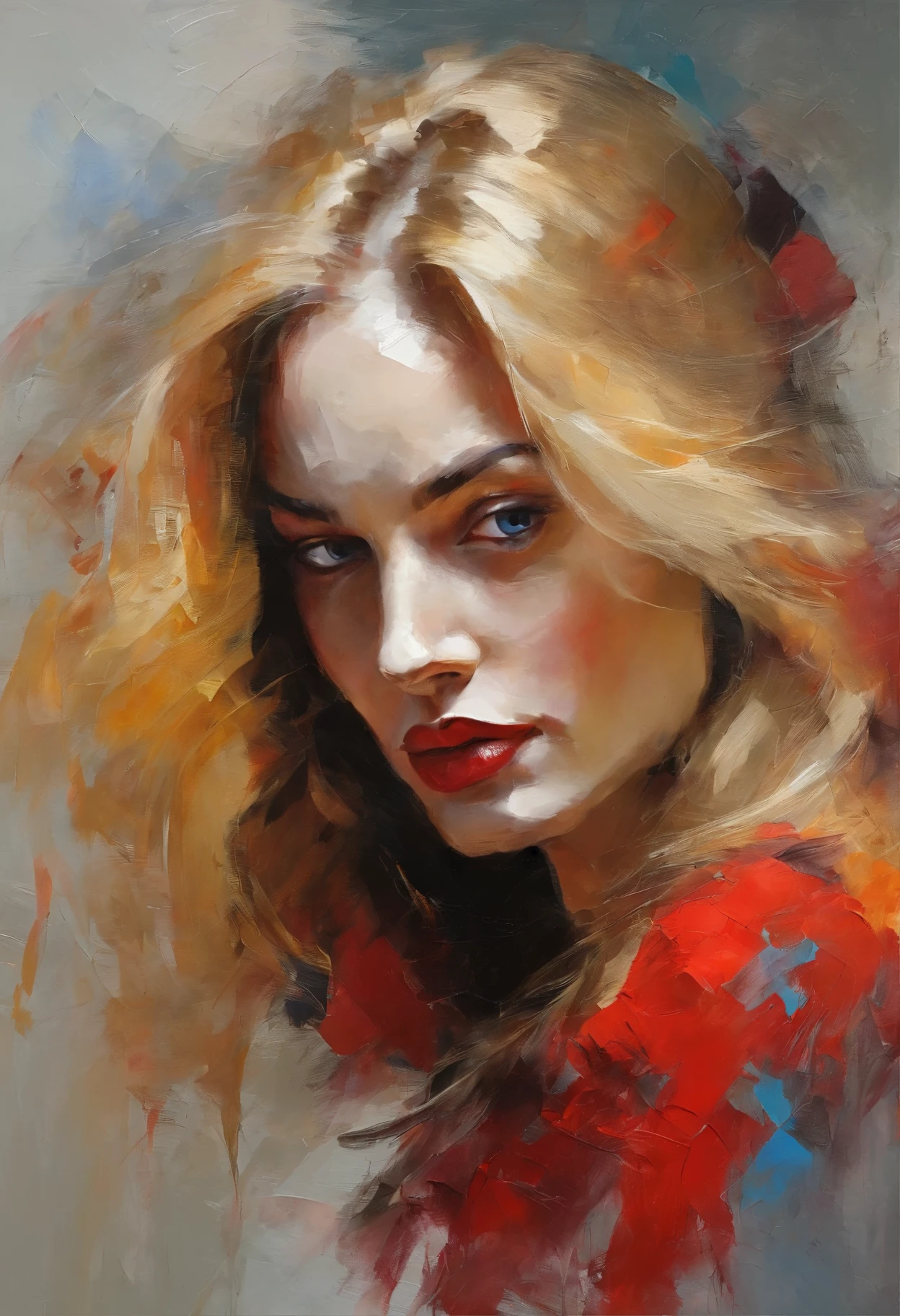 Female portrait, bold and expressive brushwork, beautiful woman, eyes looking at camera, long blond hair, provocative red dress, vibrant colors, surreal elements, symbolism, art by Junyi Liu