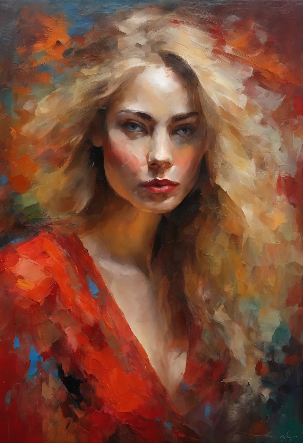 Female portrait, bold and expressive brushwork, beautiful woman, eyes looking at camera, long blond hair, provocative red dress, vibrant colors, surreal elements, symbolism, art by Junyi Liu
