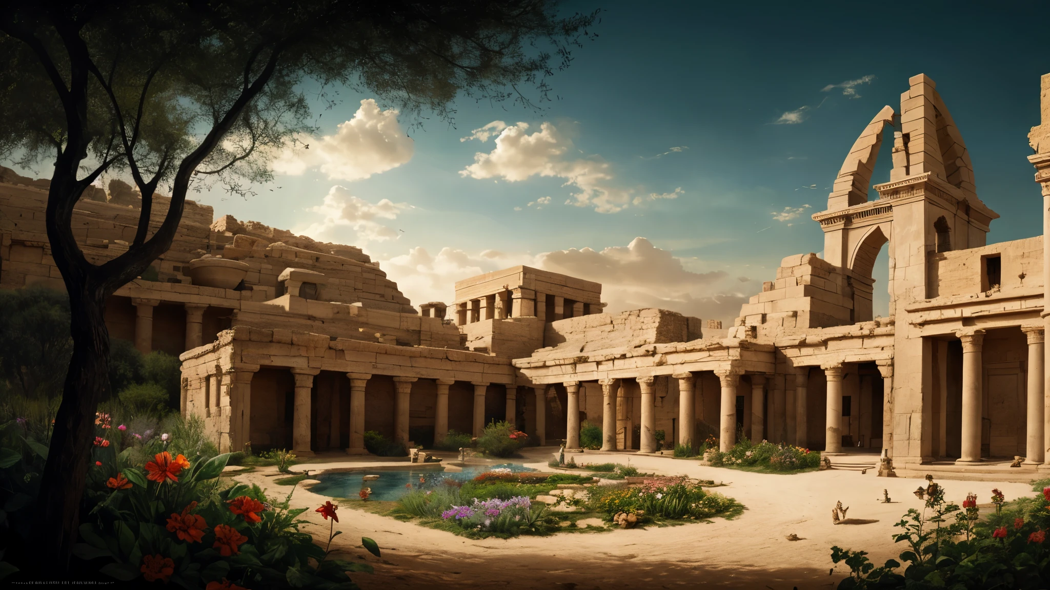 cleopatra's garden inegypt, photorealistic, dramatic, cinematic, 4k resolution, hyperdetailed, dramatic scene,