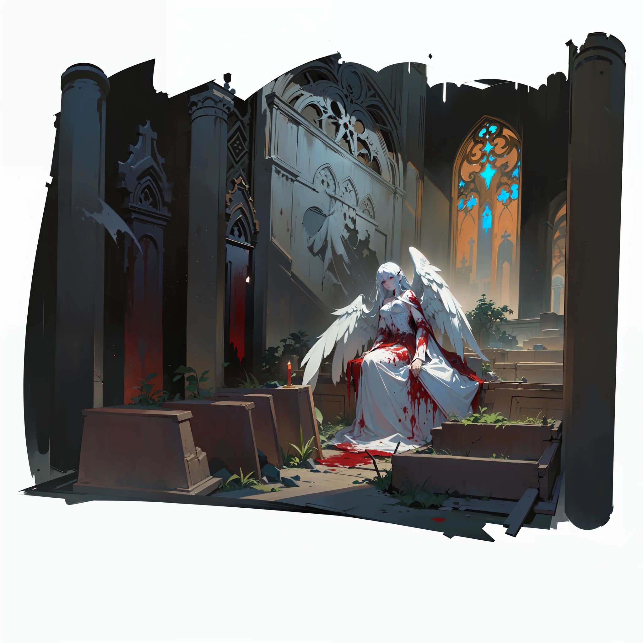 ((there is a drawing of the interior of a ruined ghotic cathedral)), (((the corpse of a biblicaly accurate angel lies dead on the altar covered in blood))), ruins, waterfall, divine light, (christian stained glass), painted as a game concept art, concept art for a video game, finished concept art, dark concept art, concept art!, dark souls art style, concept art, bloody + concept art, concept art, concept art scene, dark soul concept art, dark high-contrast concept art, concept painting