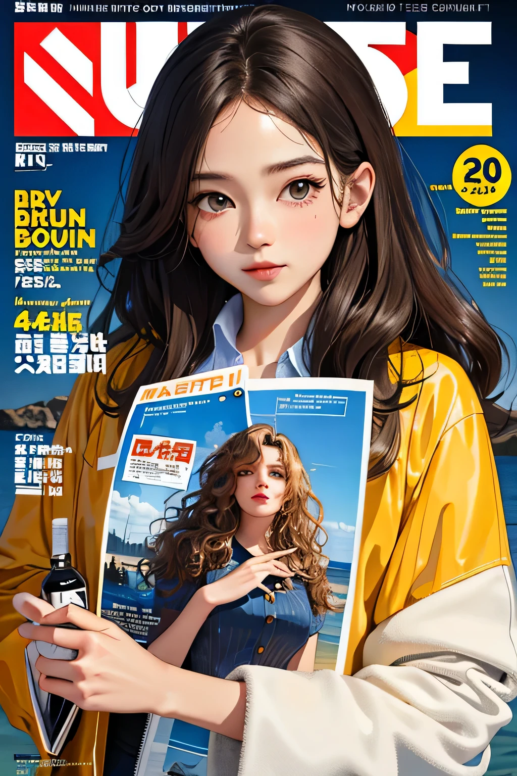 masterpiece, highest quality, Jacket costume, wavy hair, outdoor, magazine cover ,Upper body