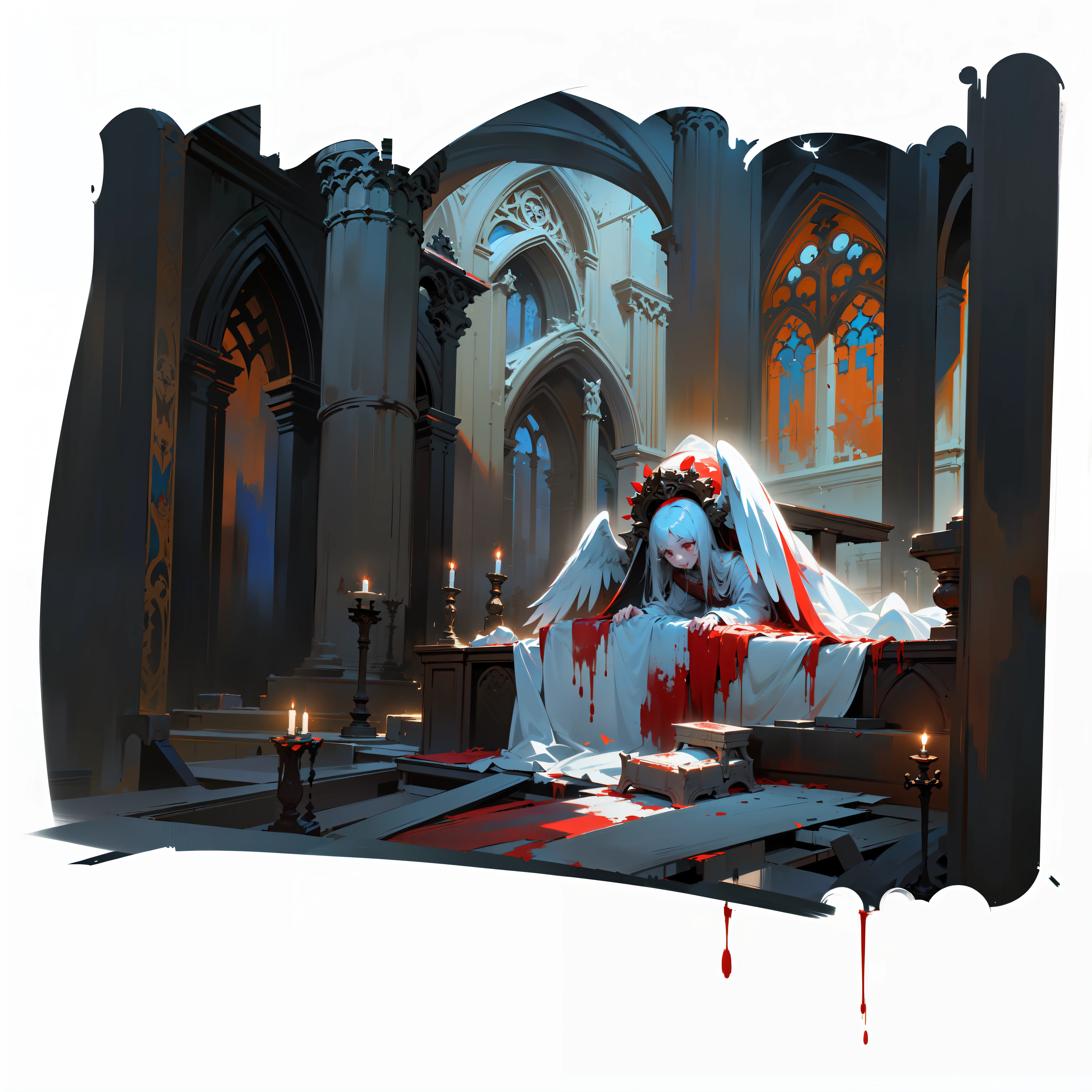 ((there is a drawing of the interior of a ruined ghotic cathedral)), (((the corpse of a biblicaly accurate angel lies dead on the altar covered in blood))), ruins, waterfall, divine light, (christian stained glass), painted as a game concept art, concept art for a video game, finished concept art, dark concept art, concept art!, dark souls art style, concept art, bloody + concept art, concept art, concept art scene, dark soul concept art, dark high-contrast concept art, concept painting