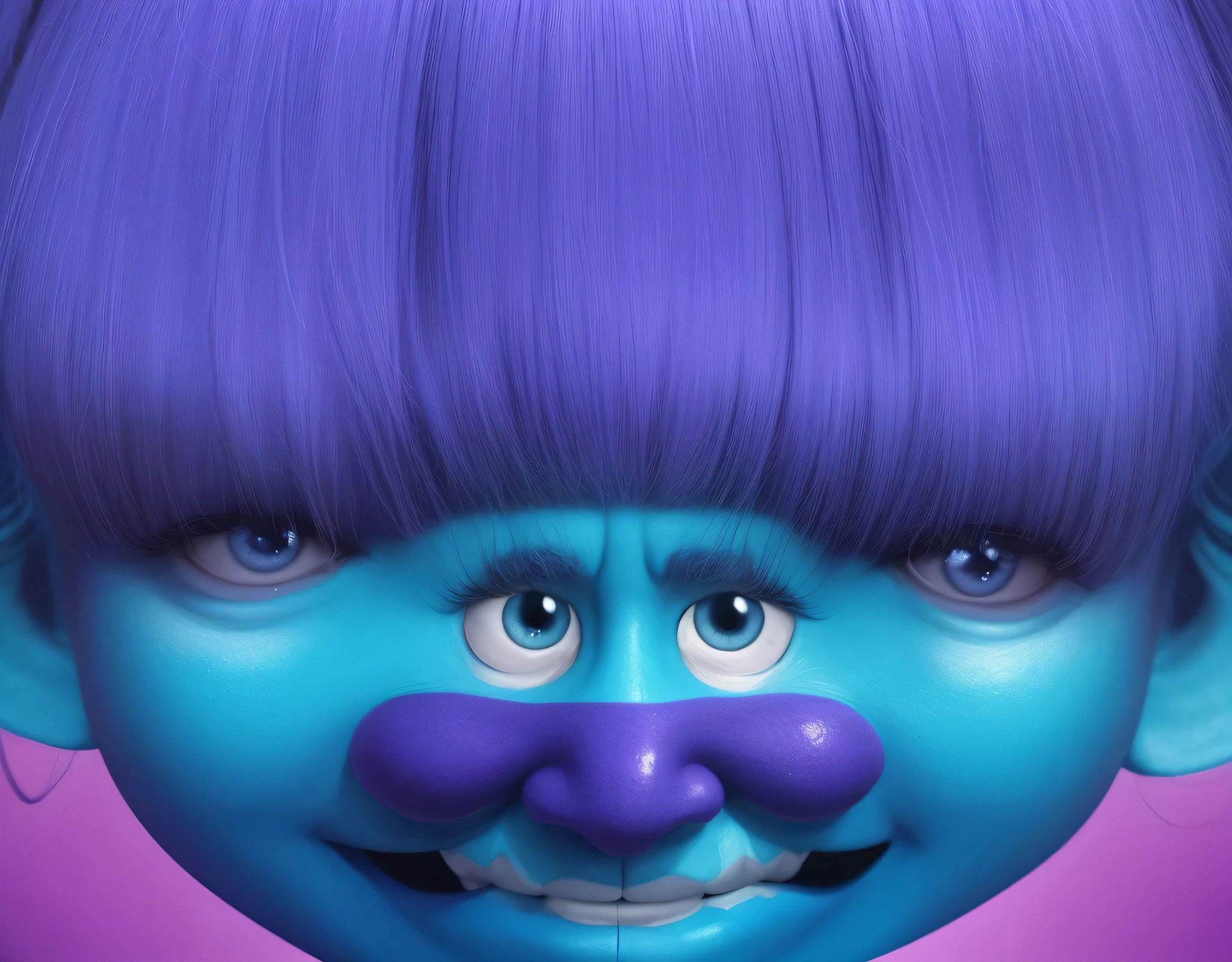 The photo shows a frame from a cartoon "Trolls". The blue troll character is depicted with a sense of surprise.. На нем крупным планом изображен blue troll с двумя большими голубыми вьющимися глазами, raised up in surprise.. The troll has a blue face with dark blue eyebrows and blue eyes.. He has a big purple nose underneath. He has a big purple nose underneath. It shows a close-up of a blue troll with large afro hair.. The troll has a blue face with dark blue eyebrows and blue eyes. with black eyelashes. He has a purple nose, blue troll, big blue eyes and black eyebrows.. blue troll с черными волосами и большими голубыми глазами. The troll has thick eyebrows and long eyelashes. glossy trolls with glossy texture, smooth 3d model, Multiple light sources, rim light, sharp rendering of post-effects, (Glossy metal texture with many large refractions of light probes), perfect CG, Anthropomorphic cat, Digital art, detailed Digital art, specular, Best quality, 4K, masterpiece:1.2, ultra detailed, Realistic, bright colors, dark and moody lighting, Highest quality image, ensuring every detail is showcased perfectly. It in 4K resolution, allowing viewers to be immersed in the richness of colors and intricate details. The Realistic rendering. in the spotlight, specular, High resolution image, Realistic rendering, dark background, and rim light