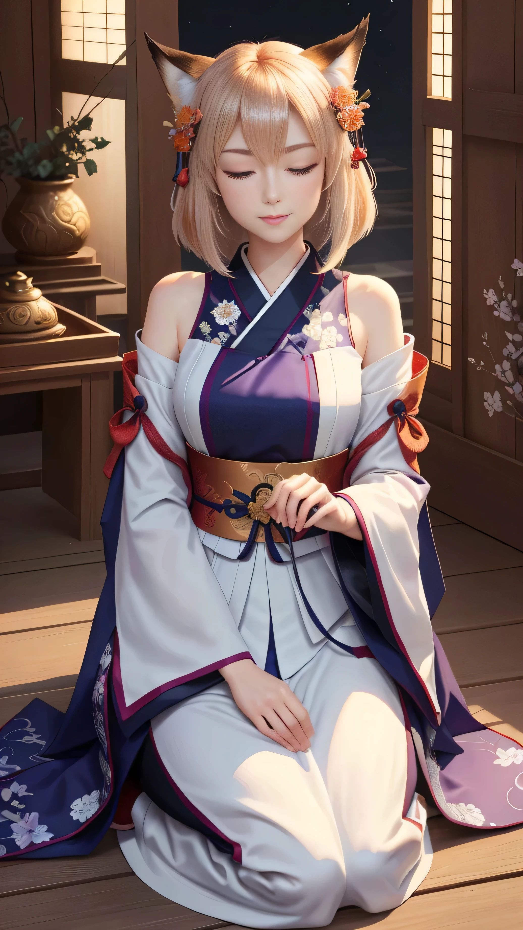 masterpiece , highest quality,close up of face,Mysterious,sitting on the floor,seiza,pray,close your eyes,whole body,Only one person,precision quality,beautiful short hair, masterpiece, japanese architectureの背景,beautiful details, colorful, delicate details, delicate lips, intricate details, genuine, ultrargenuineista, 枝に座っている色とりどりの髪のFoxを持つ女の子:mature, bright eyes, ,色とりどりのFox, Raposa the Nine Tails, 三尾Fox, 三尾Fox, Onmyoji detailed art, beautiful fine art illustration, mythical creatures, Fox, beautiful digital art,shrine maiden,japanese architecture,Holding hands,exquisite digital illustration, mizutsune, Inspired by mythical wild nest creatures, pixiv in digital art, dazzling light, high contrast, Mysteriousな,