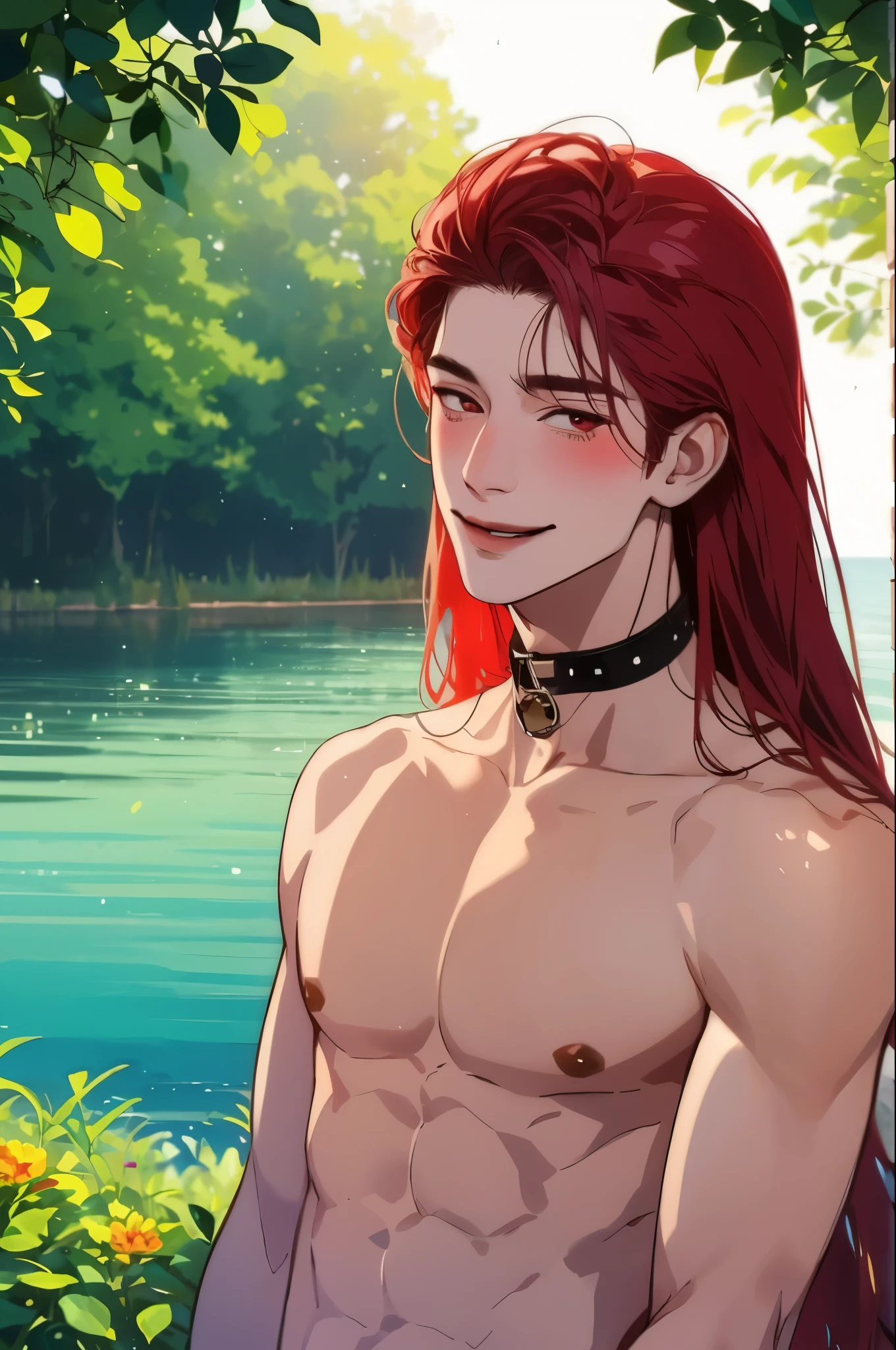 Man, (Solo), 18-years-old, red eyes,(Red long hair), (collar with bell), (smiling blush), (day), shirtless, (sun), anime, Lake with butterfly background
