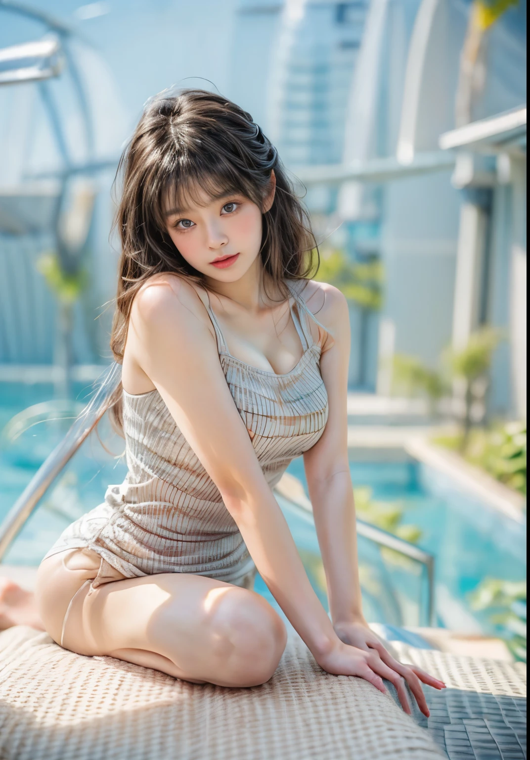 masterpiece、highest quality、cinema、(Detailed both eyes)、(cute japanese woman、bangs:1.3)、23 years old、1 girl、elegant、black hair、(auraroid photo:1.2)、huge cleavage