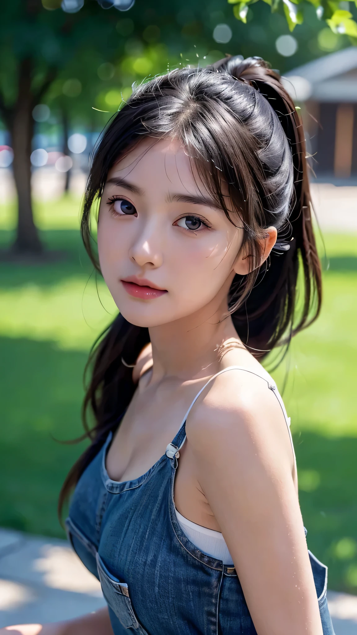 One woman,fully body photo,masutepiece, The highest image quality, High quality, the background is clear，Beautiful woman, Japanese, Detailed, Detailed eyes, Detailed skin, Beautiful skin, 超hight resolution, (reality: 1.4),Very beautiful woman, Slightly younger face, Beautiful skin, slender, (Ultra photo realsisim), (hight resolution), (8K), (Very detailed) (beautifully detailed eyes), (super detailed),   (Detailed face), view the viewer, Fine details, Detailed face, Staring straight ahead, Staring straight ahead, photos realistic, Bright lighting, Professional Lighting, Black hair,poneyTail,a baby face,sixteen years old,髪型はponeyTail,ロングのponeyTailの髪型,Clear sky, on grass,wearing a black camisole, jeans,slight smile,