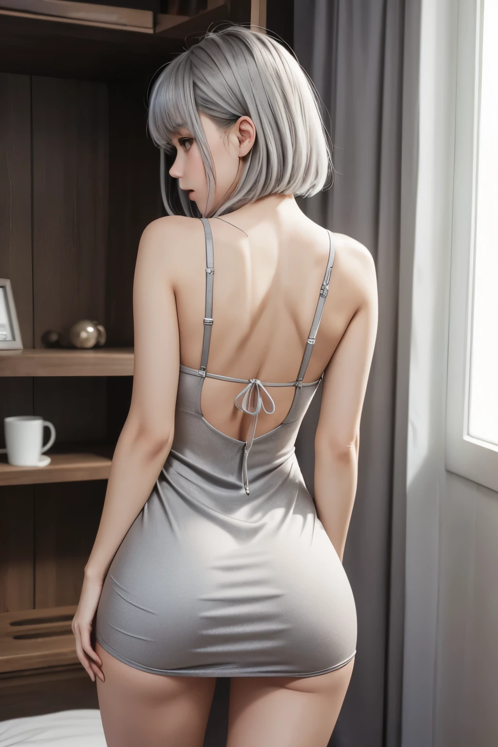 fair skinned girl, short light gray hair, messy bangs, mini dress, perfect body, sexy legs, thin back mini dress, a masciot bear bites her butt
