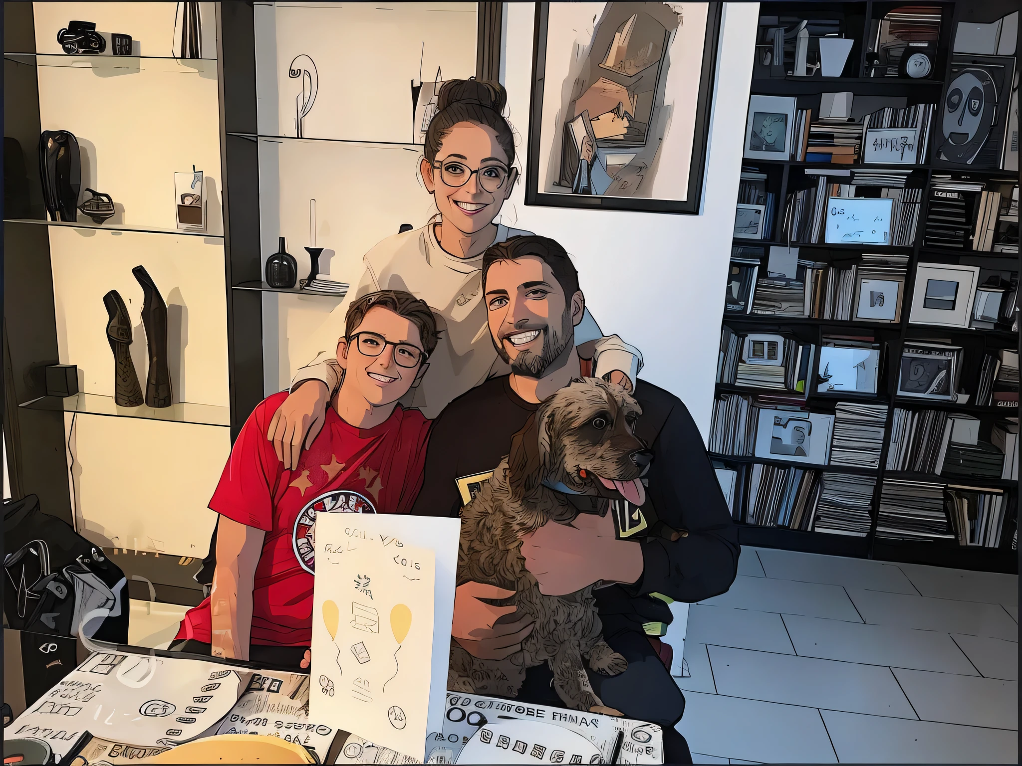 A man in a black t-shirt sitting on the right with a dog in his lap, a in a red t-shirt with glasses sitting on the left, and a woman in a beige t-shirt with glasses standing behind them with hands around their shoulders. They pose in a room with many books and a table. All 3 of them are smiling. Make this image anime-style