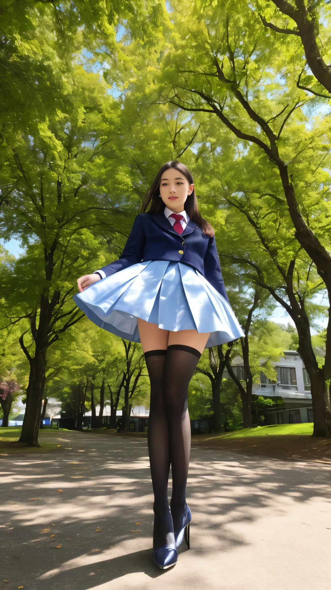 16 years old, European, blonde, small breasts, big eyes, long legs, close-up on thighs, School uniform, small pleated skirt, Black stockings, high heel shoes, Extreme low angle shot, from below the girl, (Reelmech : 1.5), vagina showing, park background, trees, Cherry blossom, mirrored floor with reflections, ray tracings, HDR