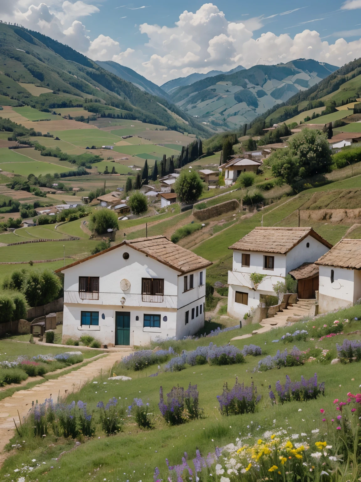 two small white peasant houses in Boyacá, Colombia on a gentle hill, flowers clinging to the facades, nestled under a soft blue sky, painted with Van Gogh's impasto technique, swirling brush strokes capturing the vitality of life, visible canvas texture, painting digital.