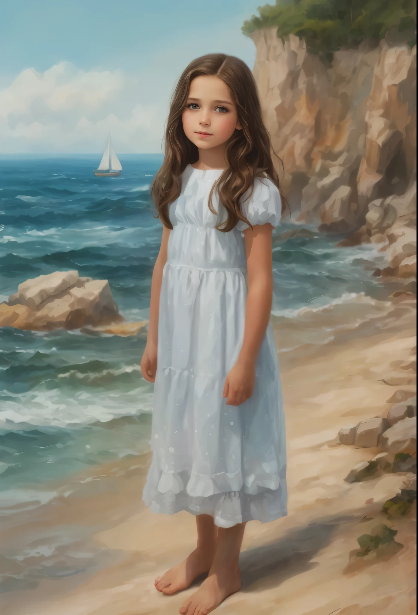 High resolution, brunette girl, , .beautiful picture in the gallery , portrait, sea in the background, realism, fantasy