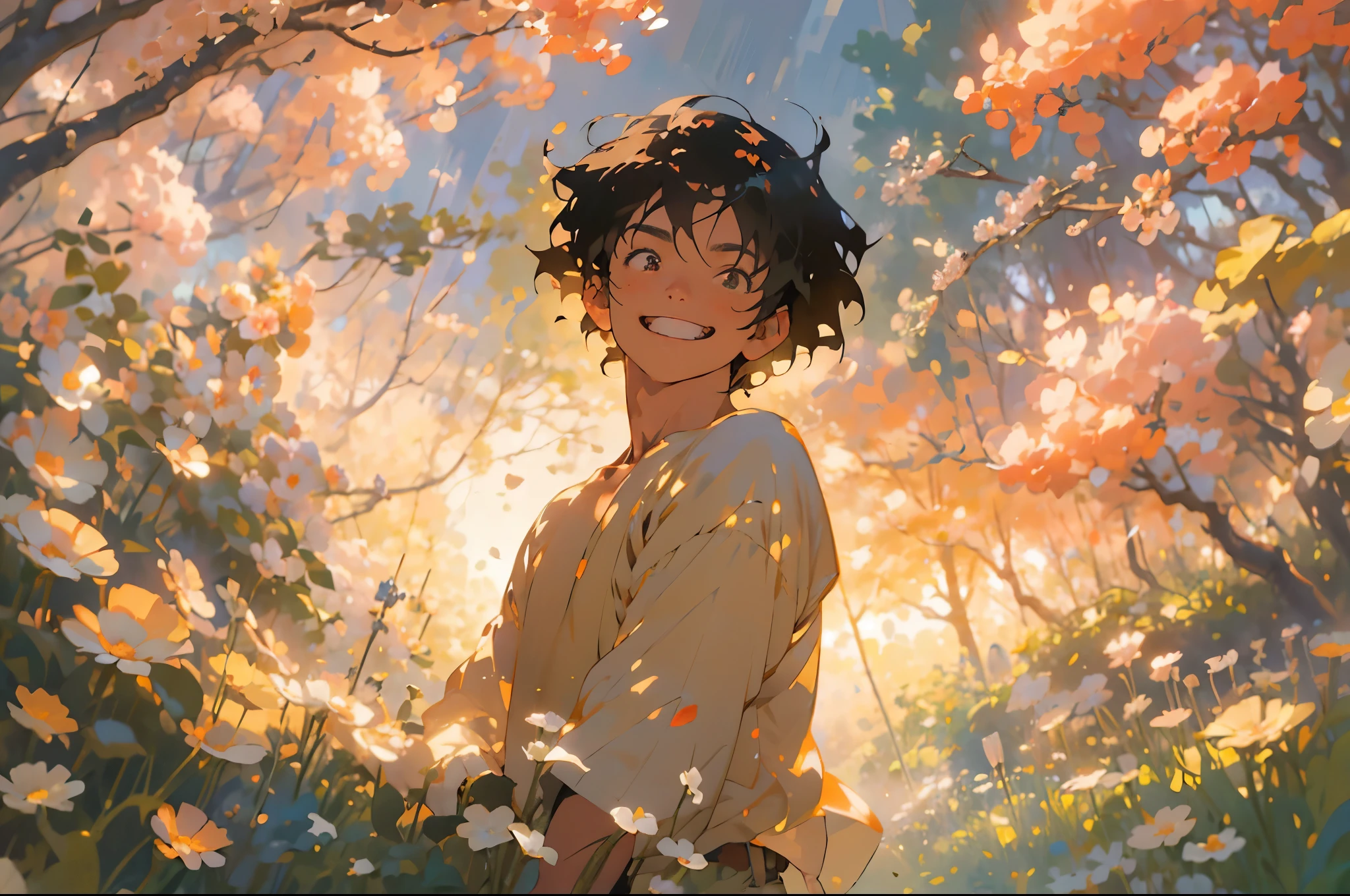 1boy adult character with fiery Brown short hair and an obscured face and brown eyes, dressed in casual clothes. A passionate smiling young male musician, dancing alone happily, in the style of hayao Miyazaki. He is in an ethereal spring setting with leaves and petals floating in the air and with green and sakura trees in the background and beams of light piercing through, warm and vibrant color scheme with flowers, with blinding light lighting, rendered to musical notes, clean and spring green ,blue and sunny background, masterpiece, solo, sony FE 12-24mm F/2.8 gm,Impressionist garden,Proficient in calligraphy,eco-friendly craftsmanship,Brush stroke exploration, highly detailed exquisite fanart , sunset, lush beautiful landscape,