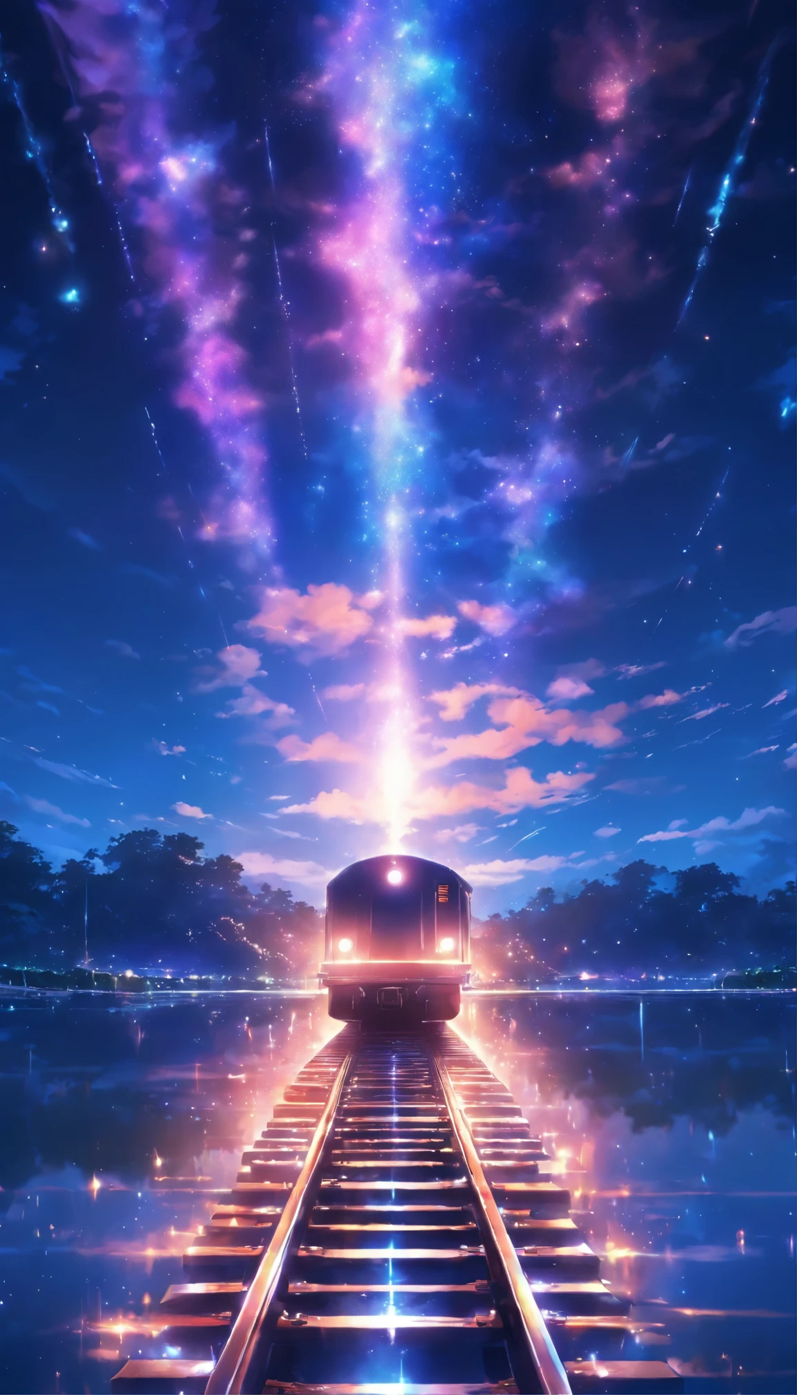 masterpiece, Anime train passing through a body of water on the tracks, Bright starry sky. Romantic Train, Makoto Shinkai photo, Pure, concept art, Lofiato style, reflection. by makoto shinkai, Lofiato, beautiful anime scene, anime scenery, Detailed Landscape - Width 672, Shinkai Makoto style, Makoto Shinkai's style, Enhanced details.
