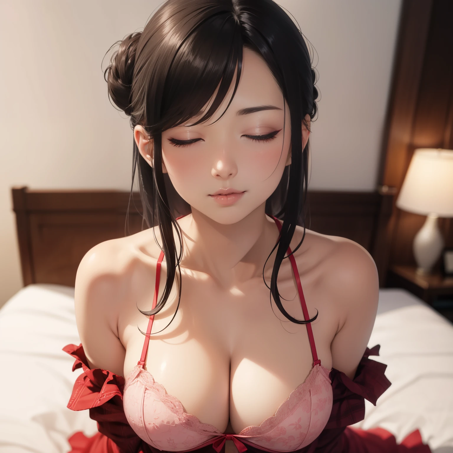 Sexy woman, black hair in a bun, long forehead, seductive eyes, medium nose, perfect pink lips seductively parted, deep blush, flustered, beautiful long neck, collarbone, medium chest, cleavage, long red floral dress, bedroom, stripping, exposing her black bra and bare shoulders