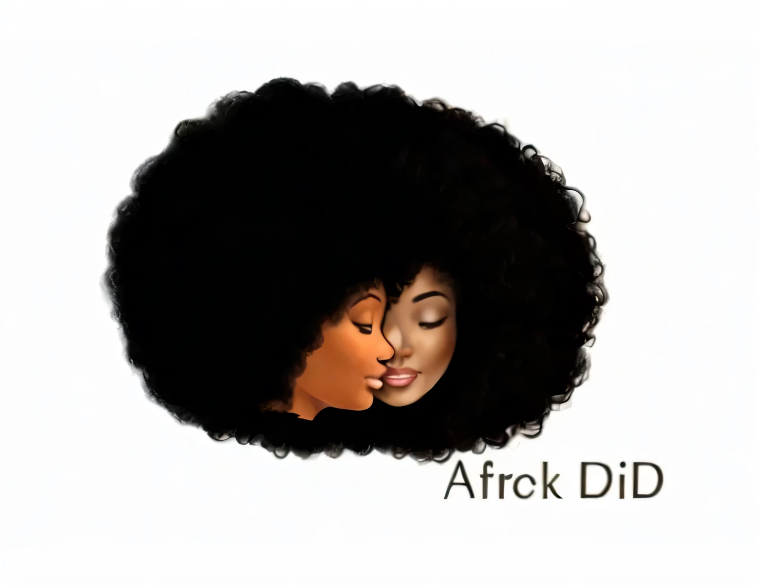 2 African females with real afro hair. 1 female is facing forward, and the other female is turned to the side. both females are smiling with eyes and mouth completely shut. make the afro look more realistic