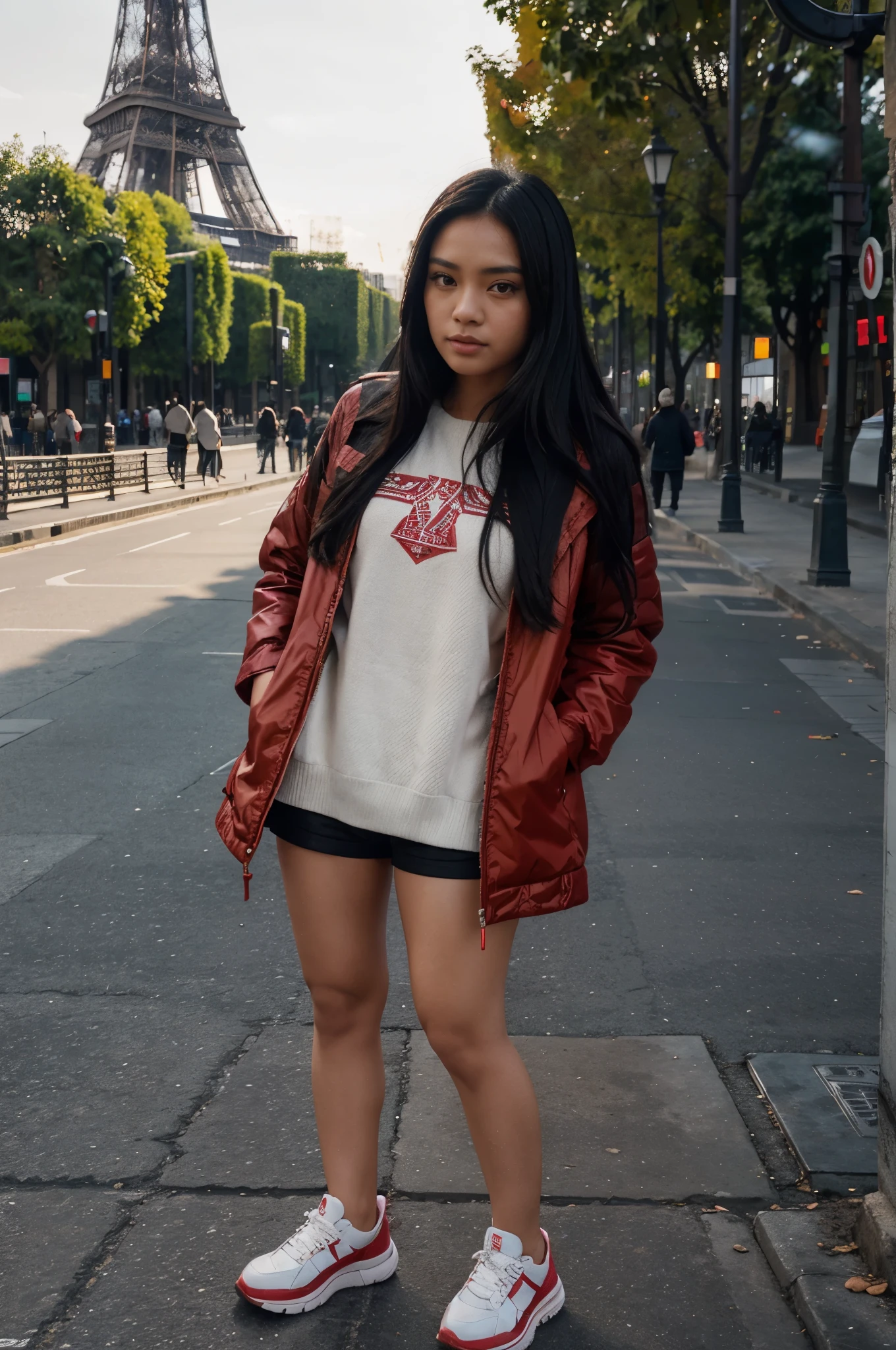 a beautiful Indonesian girl, long black hair, red winter jacket, fashionable sneakers, standing in front of the Eiffel Tower in daylight, ultra-detailed, realistic, portraits, vivid colors, warm color tone, soft lighting, realistic, 8k, HD