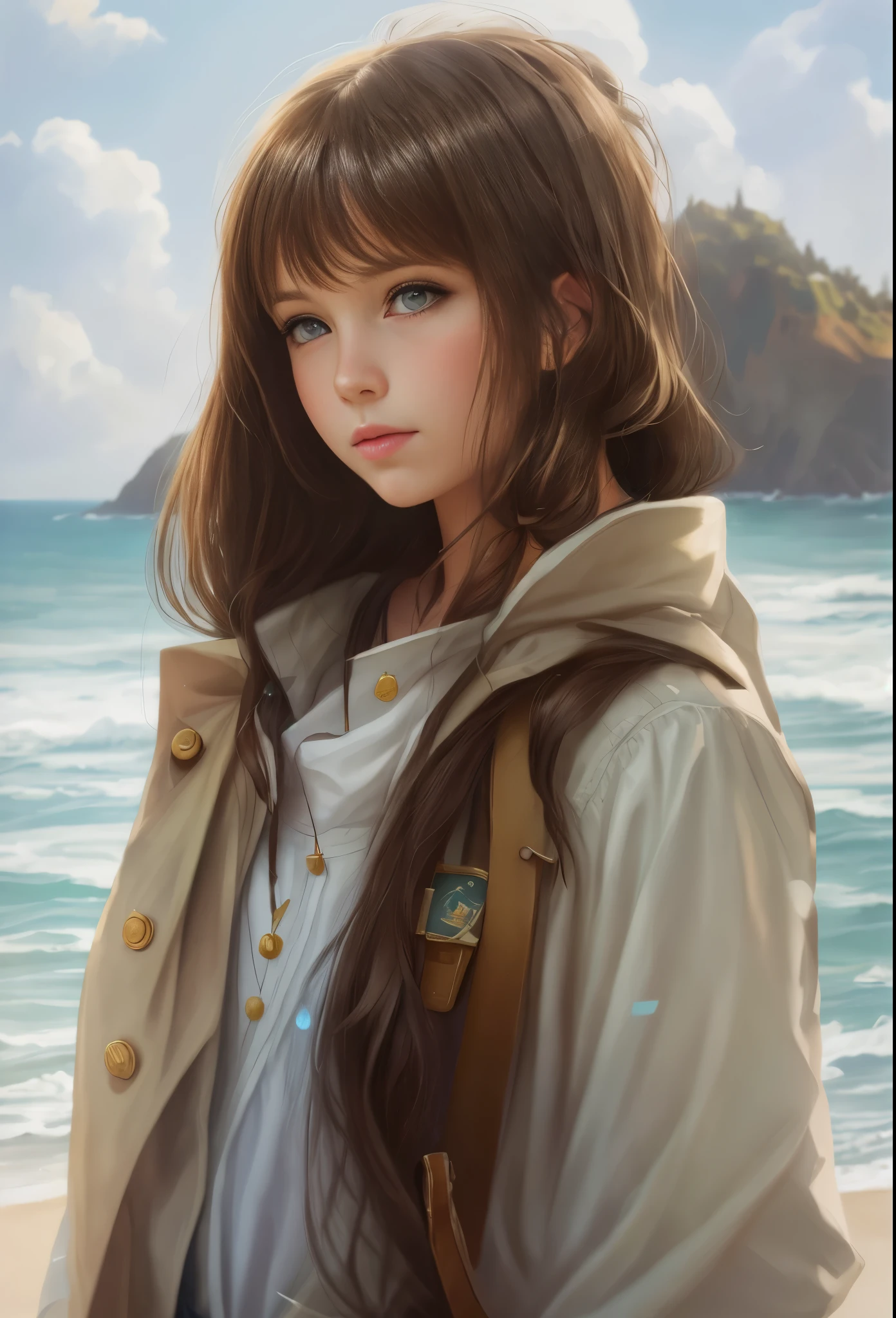 High resolution, brunette girl, 8 years old, .beautiful picture in the gallery , portrait, sea in the background, realism, fantasy