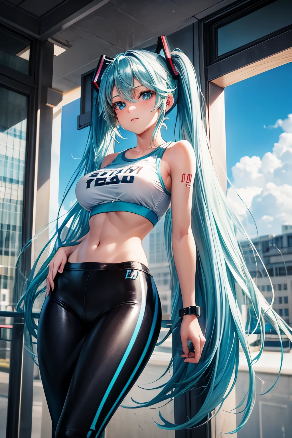 a girl, light blue hair, Hatsune Miku style hair, blue eyes, 20 years old, in berlin, modern city, accessories, sculptural body, best quality, masterpiece, busty, gym shirt, leggings.